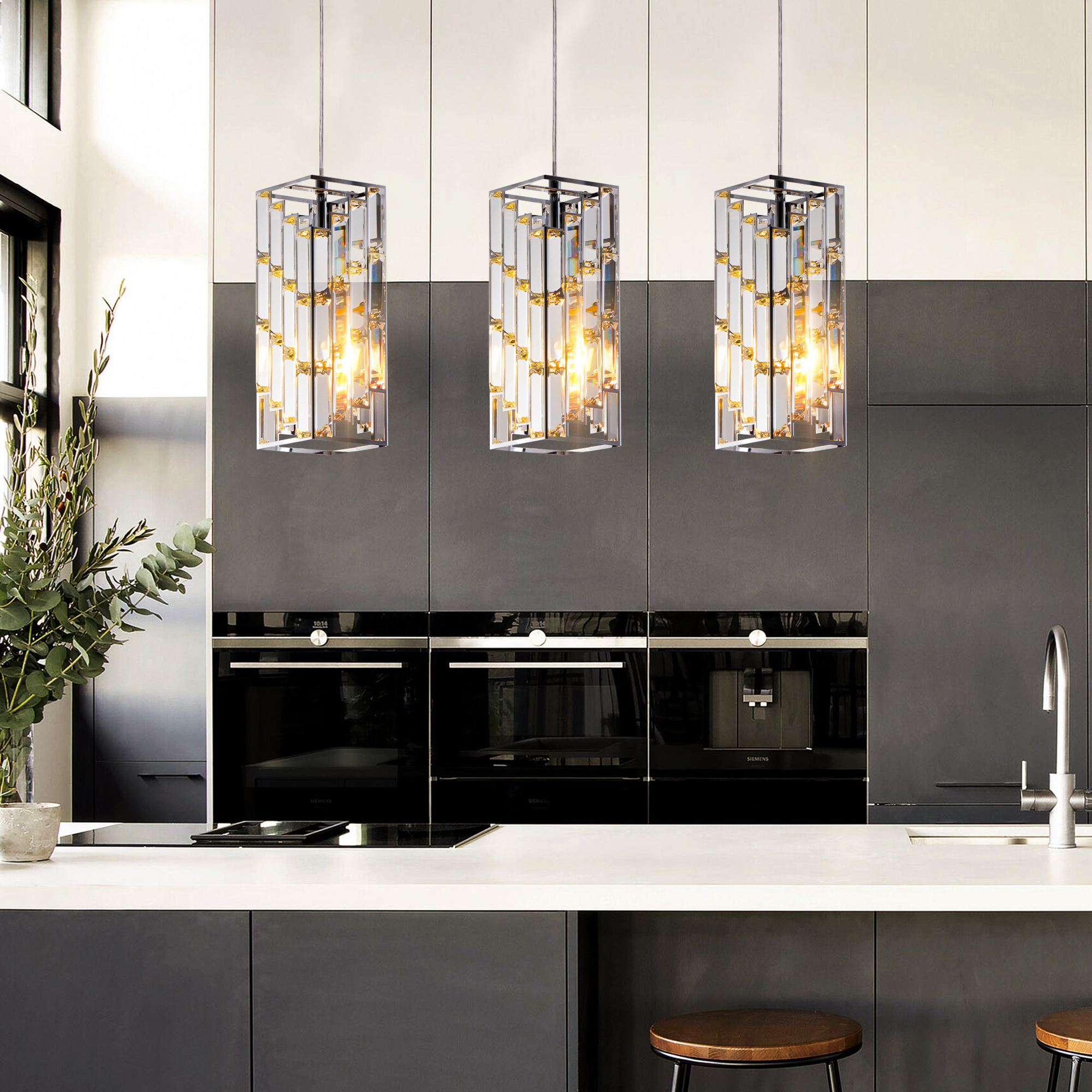4″ Modern Crystal Pendant Light – 3 Pack, Adjustable Hanging Ceiling Lamp with Crystal Prism Design for Dining Room, Kitchen Island, and Living Room -Chrome Finish