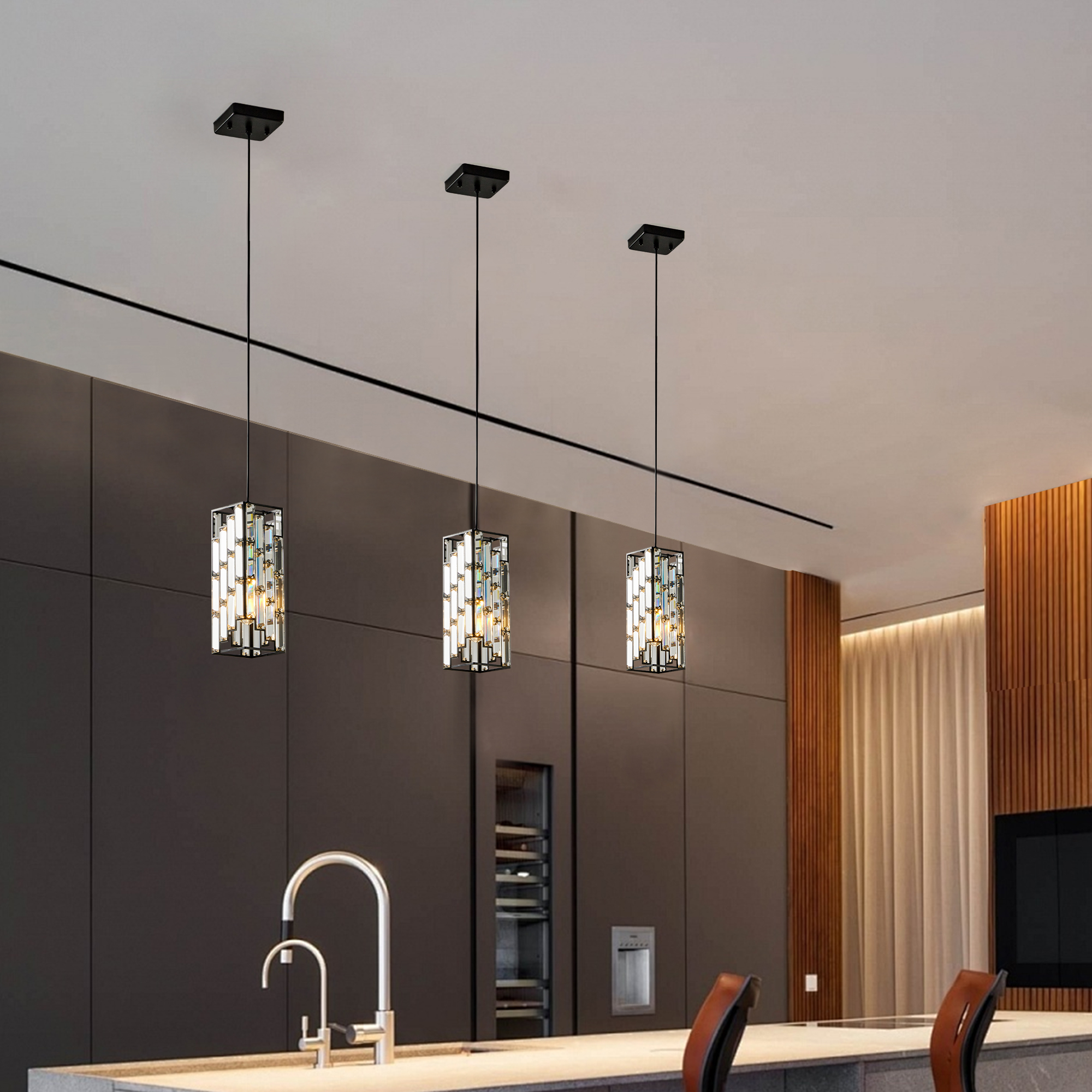 4″ Modern Crystal Pendant Light – 3 Pack, Adjustable Hanging Ceiling Lamp with Crystal Prism Design for Dining Room, Kitchen Island, and Living Room -Black Finish