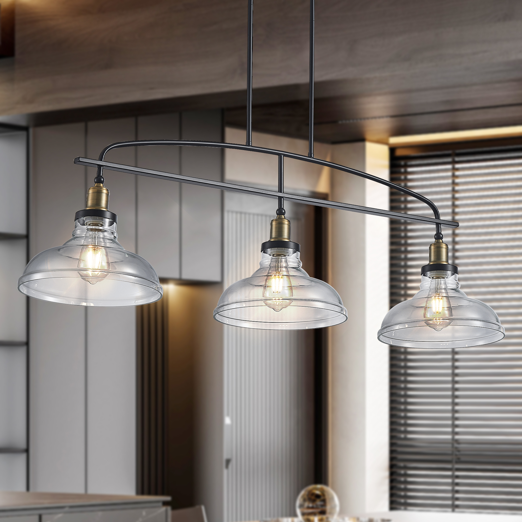 45″ Industrial 3-Light Pendant Chandelier with Clear Glass Shades, Black Metal Frame, Adjustable Height, Modern Farmhouse Lighting for Kitchen Island, Dining Room, or Living Room (Bulb Not Included)
