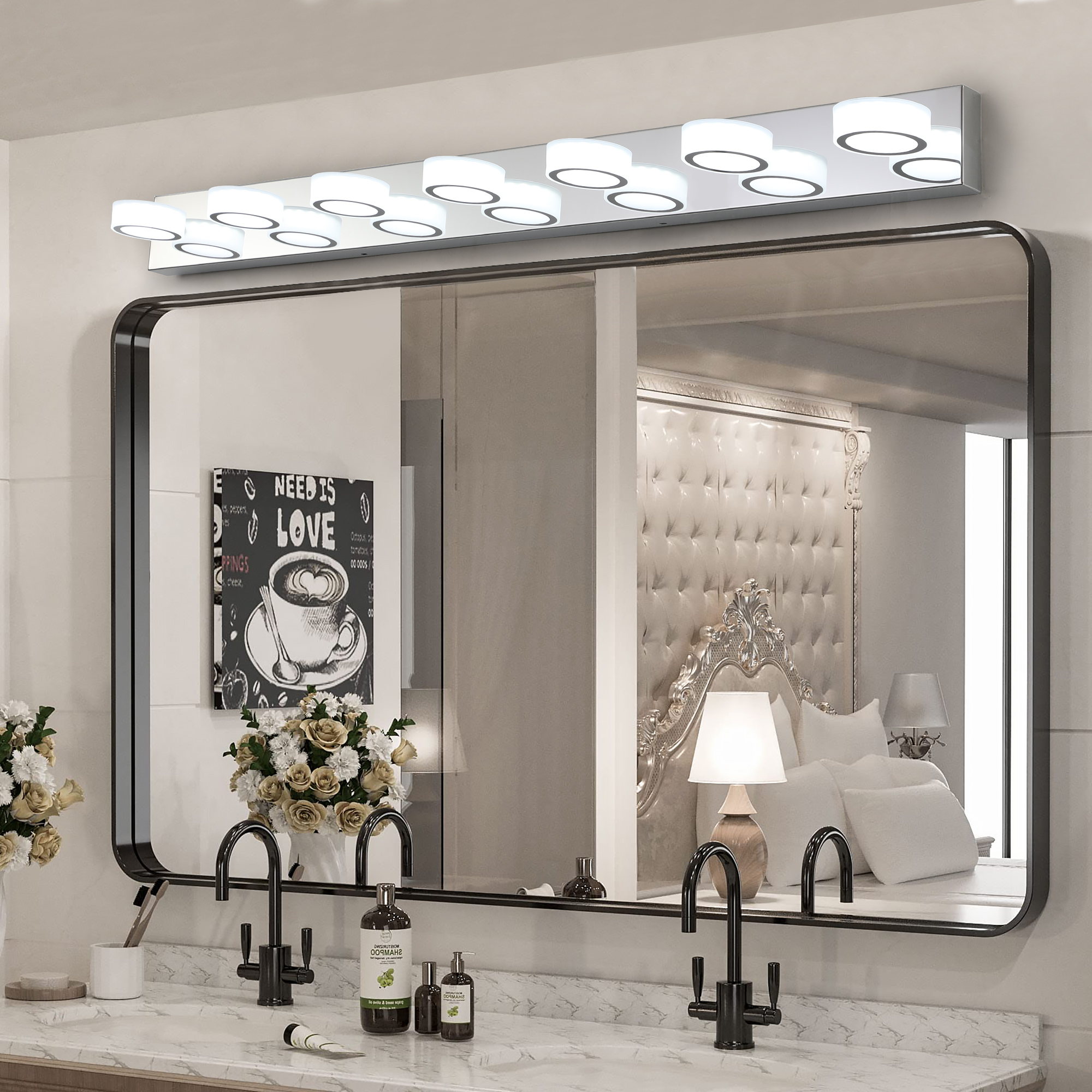 52″ Modern 7-Light LED Vanity Light Fixture – Chrome Finish with Acrylic Light Shades – Energy-Efficient Bathroom Wall Sconce – Dimmable for Mirror, Shower, and Bathroom Decor