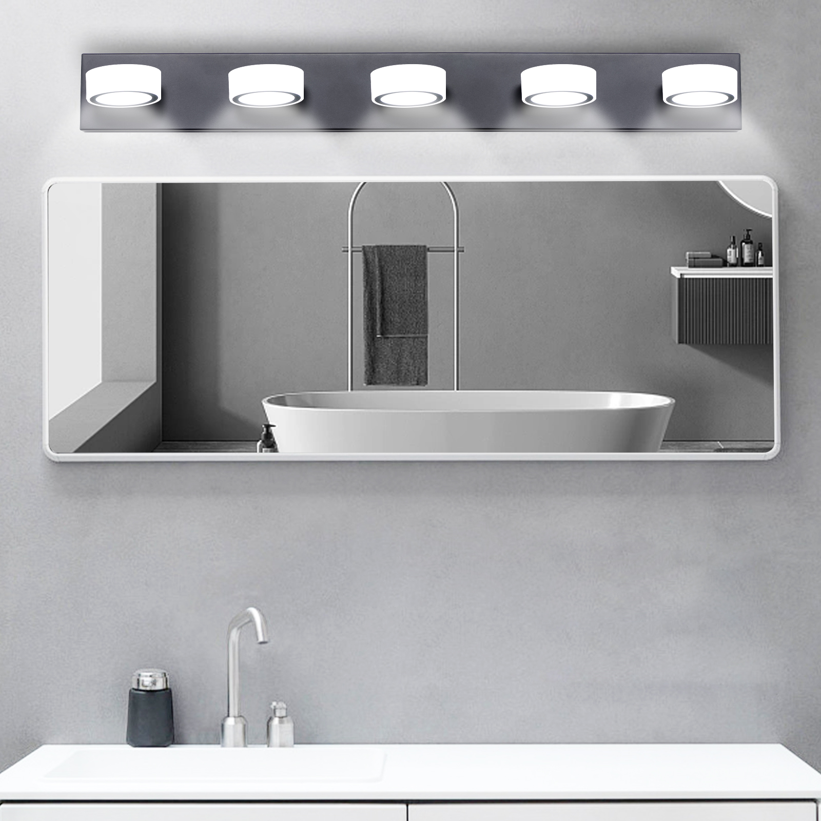 (Same as W1340110593/L2009) 37″ Modern 5-Light LED Vanity Light, Sleek Black Bathroom Wall Light Fixture for Mirror, Shower, and Bathroom Decor