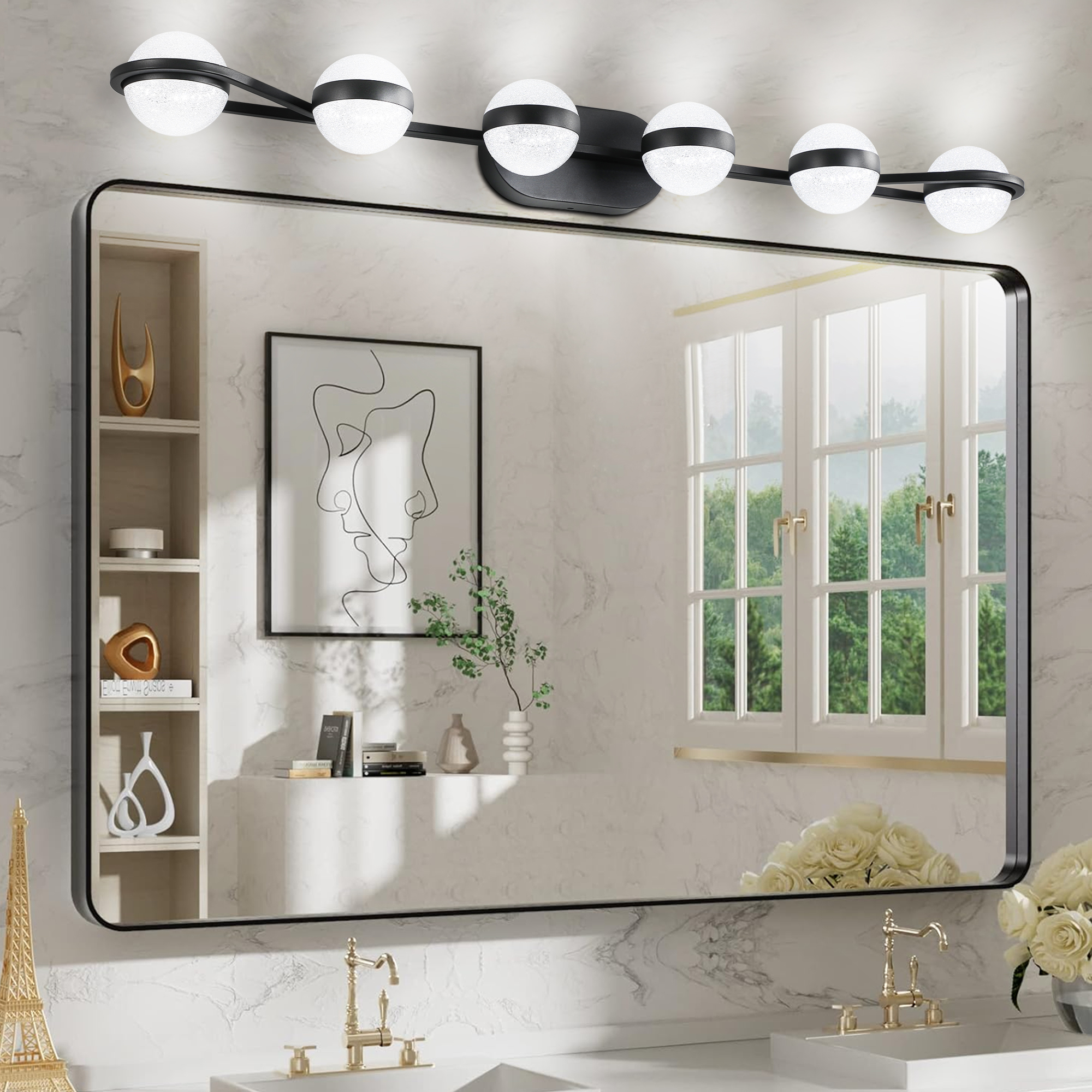 (Same as W1340P143680/LL2001-B-6) 43″ Black Minimalist LED Bathroom Vanity Light with Crystal Sand Acrylic Shades,6-Light Wall Mounted Decorative Lighting Fixture, Suitable for Bathroom Vanity Mirror
