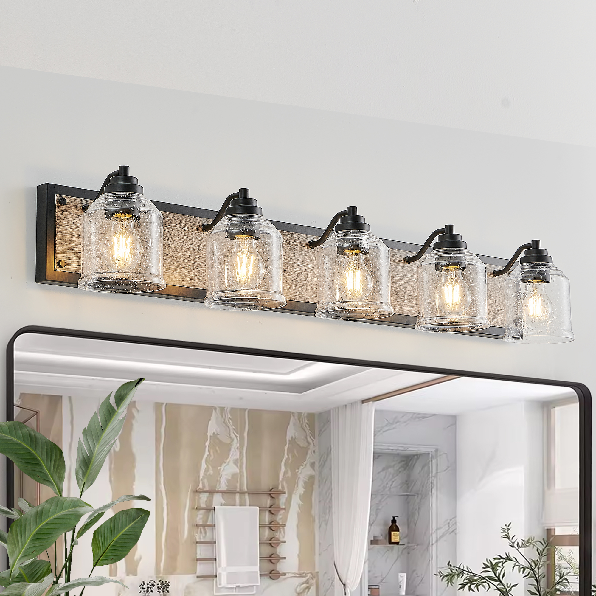 40″ Farmhouse Vanity Light Fixture, 5-Light Bathroom Wall Sconce with Clear Seeded Glass Shades, Black and Wood Grain Finish, Modern Industrial Design for Bathroom or Powder Room (No Bulbs)