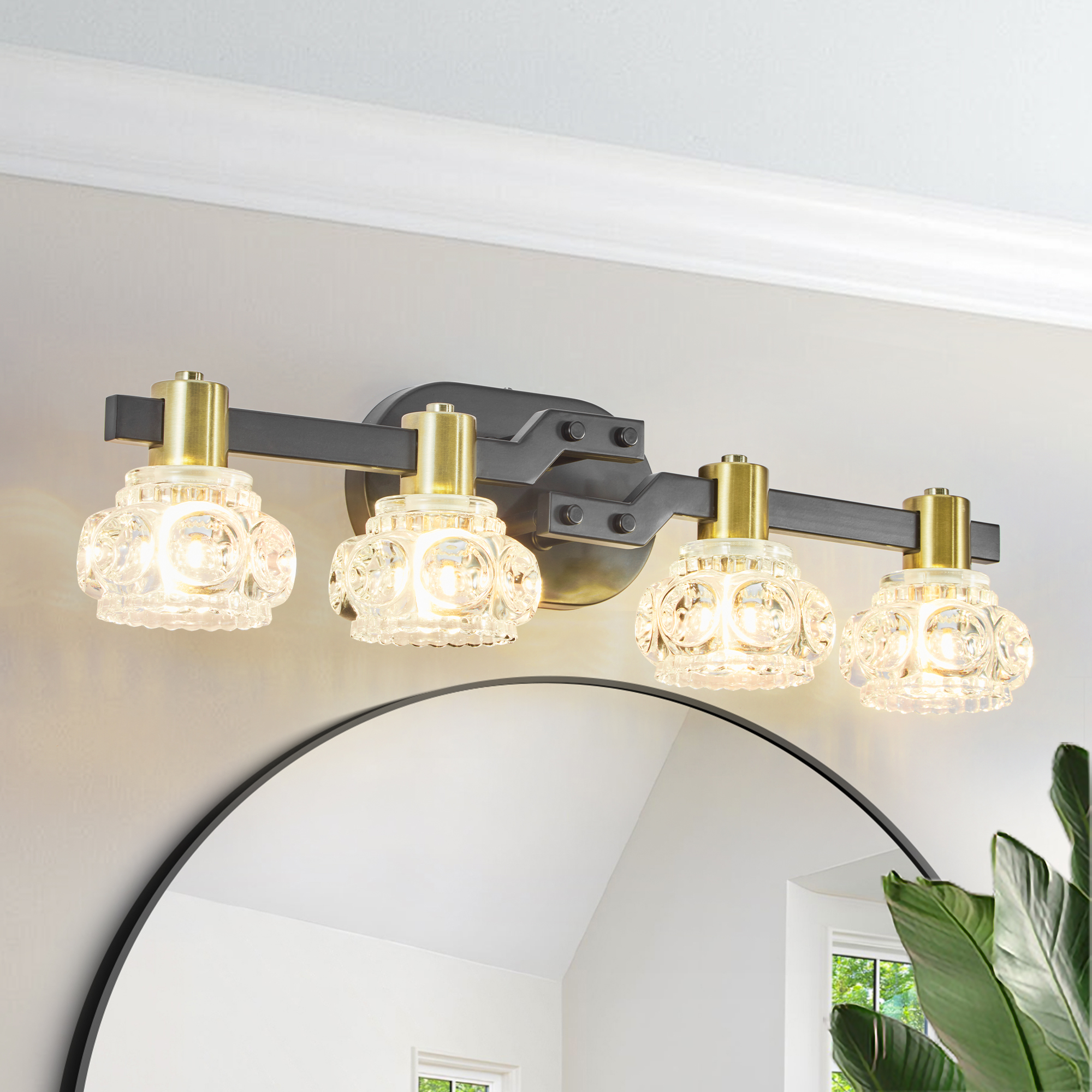 24″ Vintage 4-Light Wall Sconce with Clear Crystal Shades, Black Iron Finish Vanity Light Fixture for Bathroom or Hallway (No Bulbs)