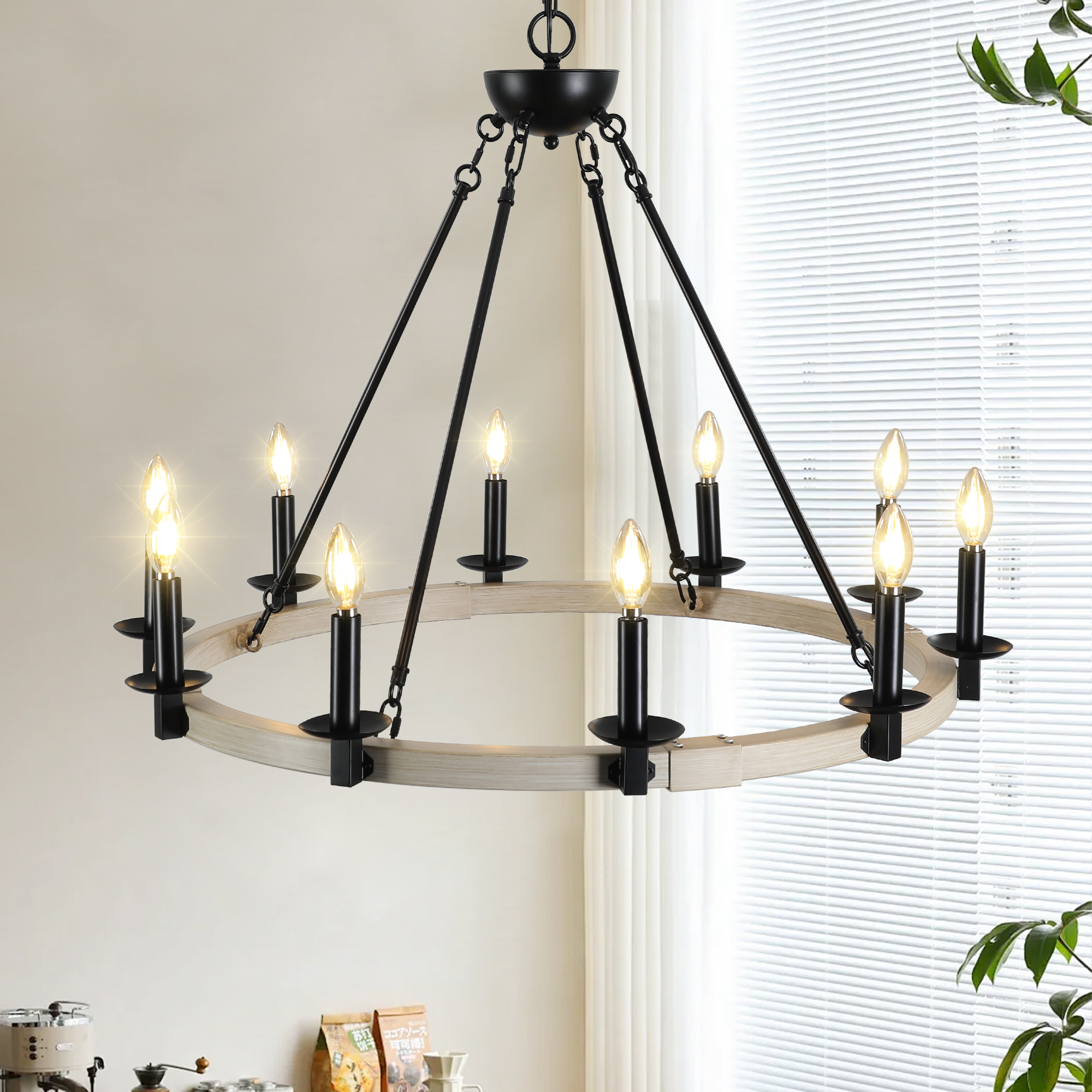 32″ Rustic Farmhouse 10-Light Candle Chandelier, Black Metal and Wood Round Hanging Light Fixture for Dining Room, Kitchen, Living Room, Adjustable Height, E12 Bulb Base (No Bulbs)