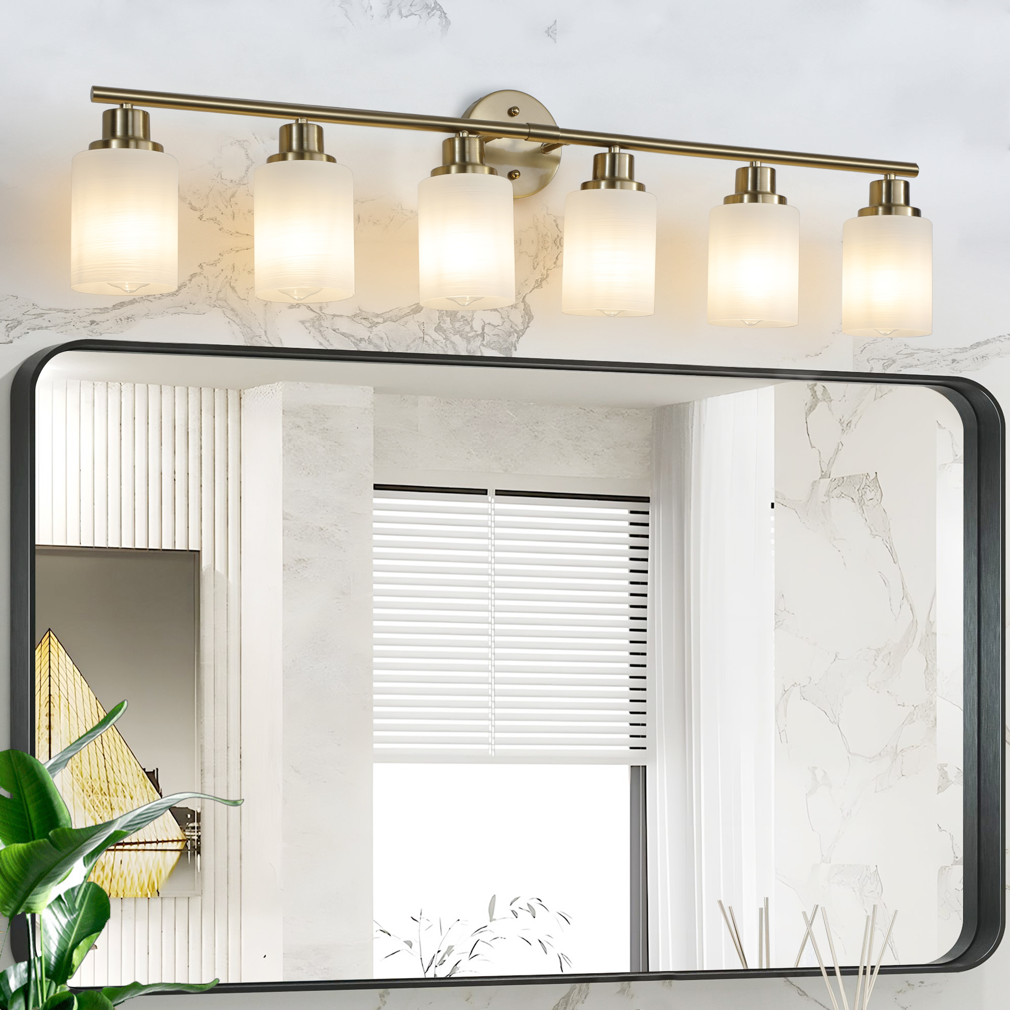 39″ Modern 6-Light Vanity Wall Sconce, Golden Finish with Frosted Glass Shades for Bathroom or Hallway Lighting (No Bulbs)
