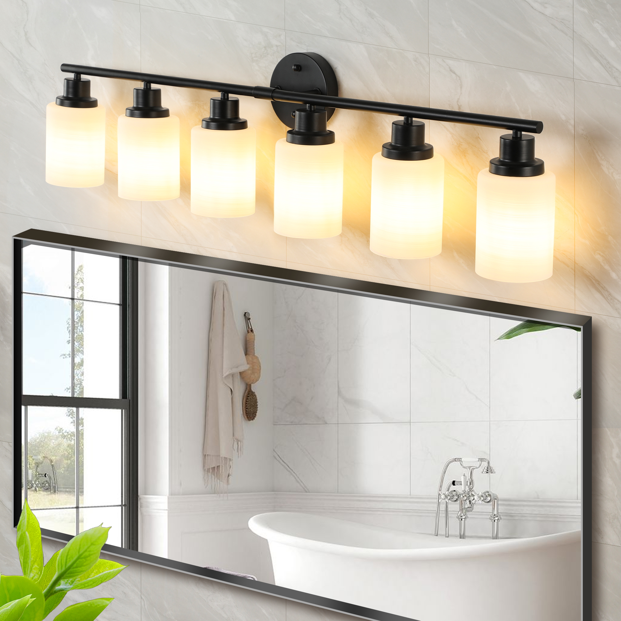 39″ Modern 6-Light Vanity Bathroom Mirror Light, Frosted White Glass with Black Iron Frame, Contemporary Wall Sconce for Bedroom, Bathroom, and Dressing Room (No Bulbs)