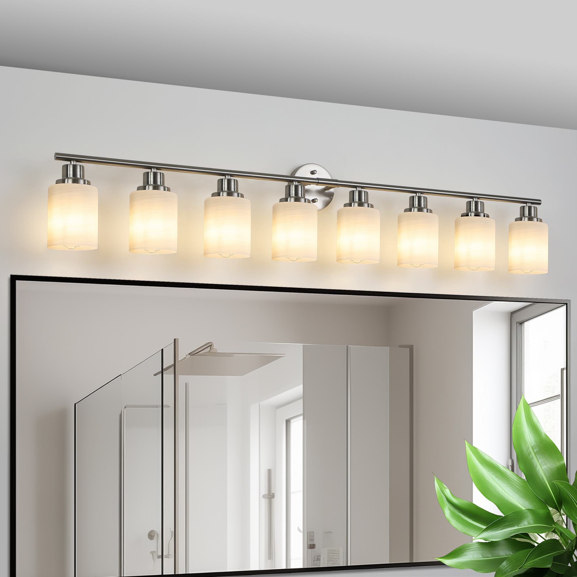 52″ Modern 8-Light Vanity Wall Sconce, Brushed Nickel Finish with Frosted Glass Shades for Bathroom or Hallway Lighting (No Bulbs)