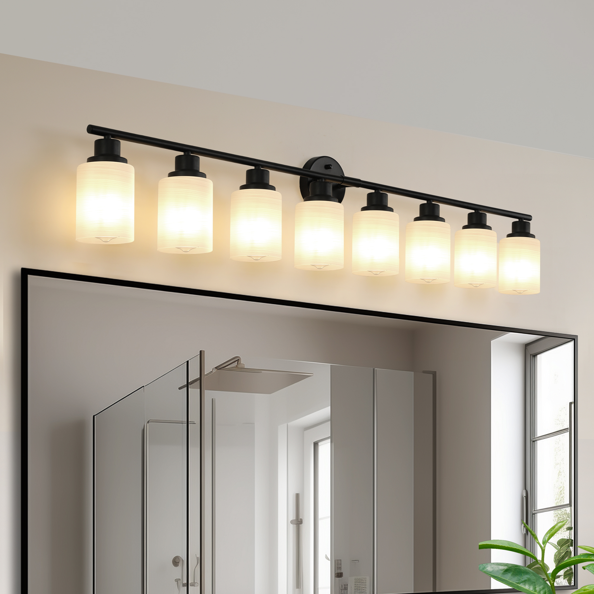 52″ Modern 8-Light Vanity Bathroom Mirror Light, Frosted White Glass with Black Iron Frame, Contemporary Wall Sconce for Bedroom, Bathroom, and Dressing Room (Bulb Not Included)