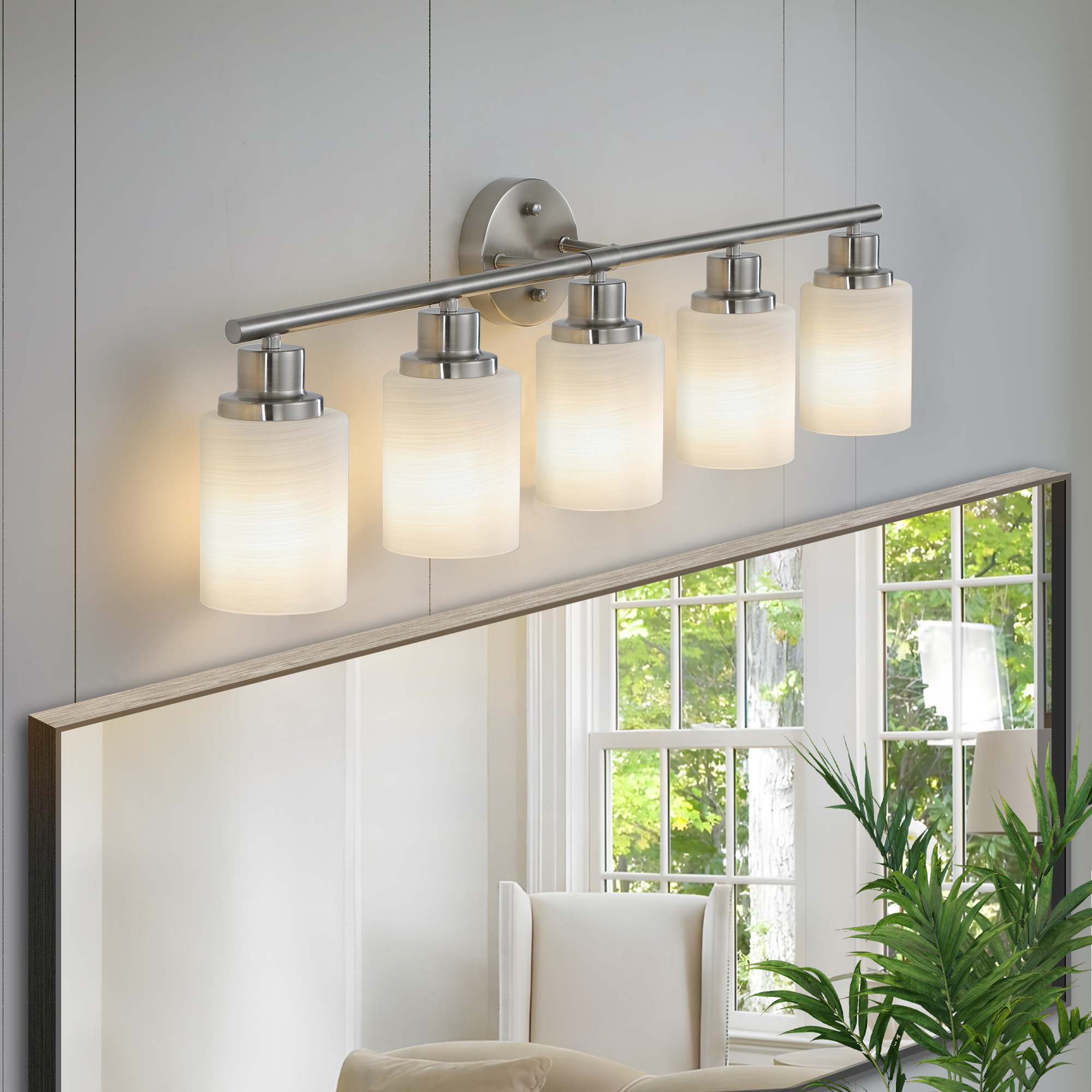 31″ Modern 5-Light Vanity Wall Sconce, Brushed Nickel Finish with Frosted Glass Shades for Bathroom or Hallway Lighting (No Bulbs)