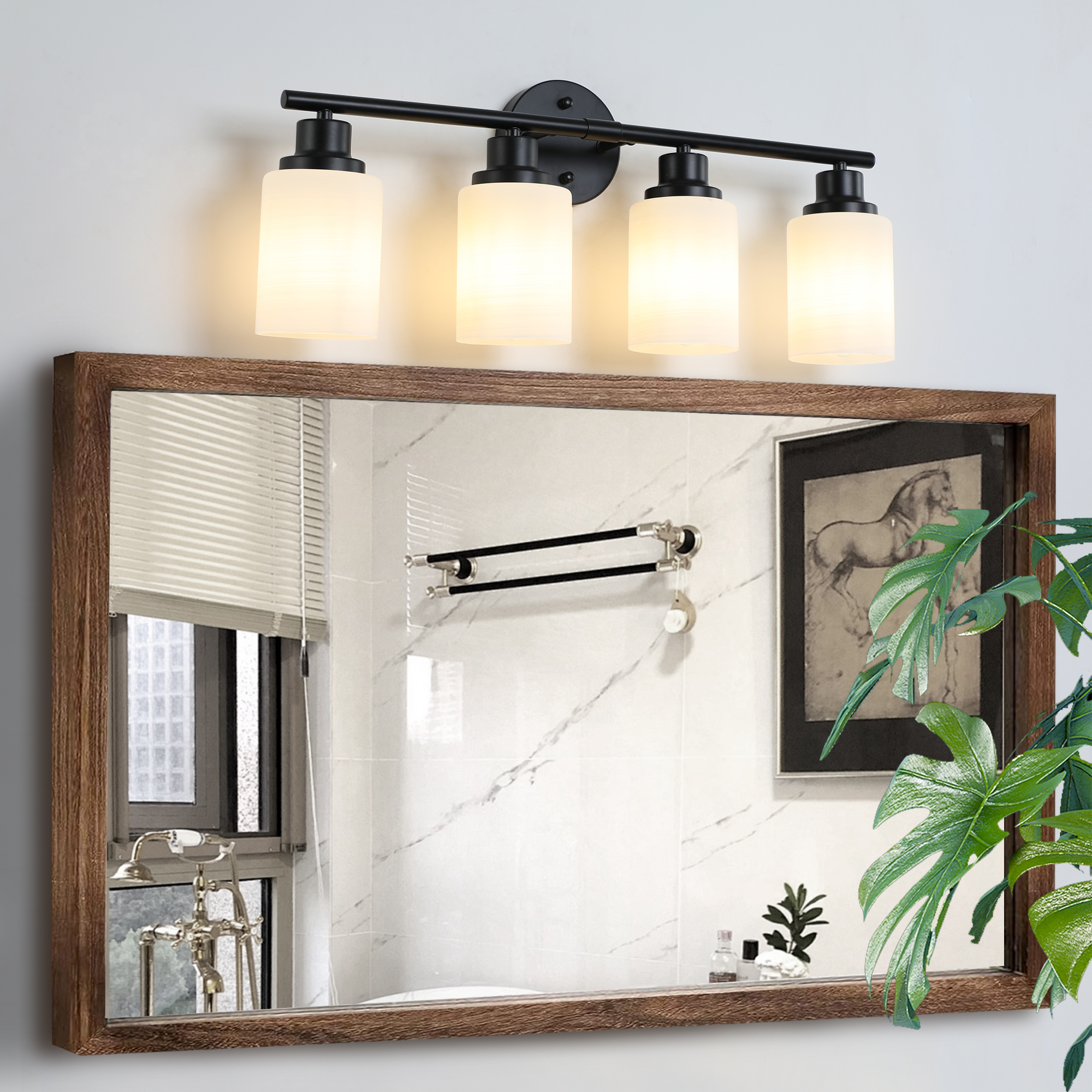 24″ Modern 4-Light Vanity Bathroom Mirror Light, Frosted White Glass with Black Iron Frame, Contemporary Wall Sconce for Bedroom, Bathroom, And Dressing Room (Bulb Not Included)