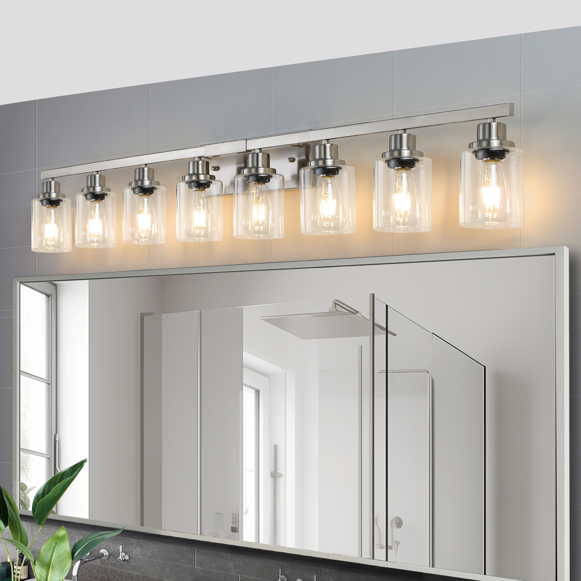 51″ Modern 8-Light Bathroom Vanity Light Fixture – Brushed Nickel Finish with Clear Glass Shades, Perfect for Bathroom, Vanity, and Dressing Area Lighting (No Bulbs)