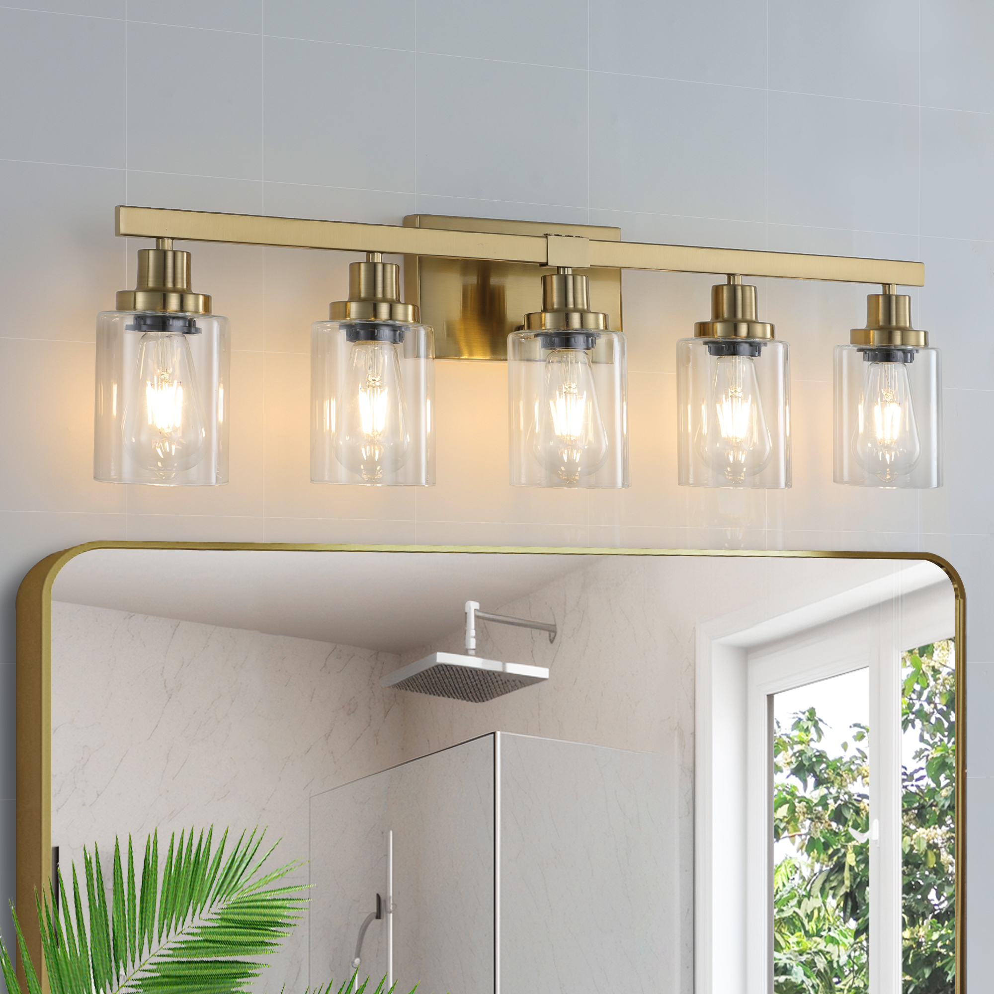 31″ Golden 5-Light Vanity Light with Clear Glass Shades, Modern Iron Metal Bathroom Wall Fixture for Mirror, Ideal for Bathroom and Dressing Table (No Bulbs)