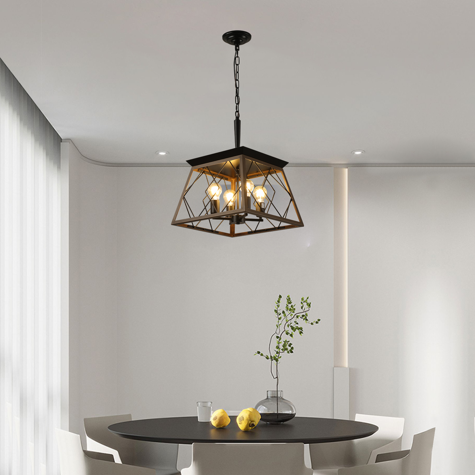 (Same as W1340111202/L1008) 16″ Walnut Industrial 4-Light Pendant Chandelier, Modern Metal Cage Design, Adjustable Hanging Light for Dining Room, Kitchen, Living Room (No Bulbs)