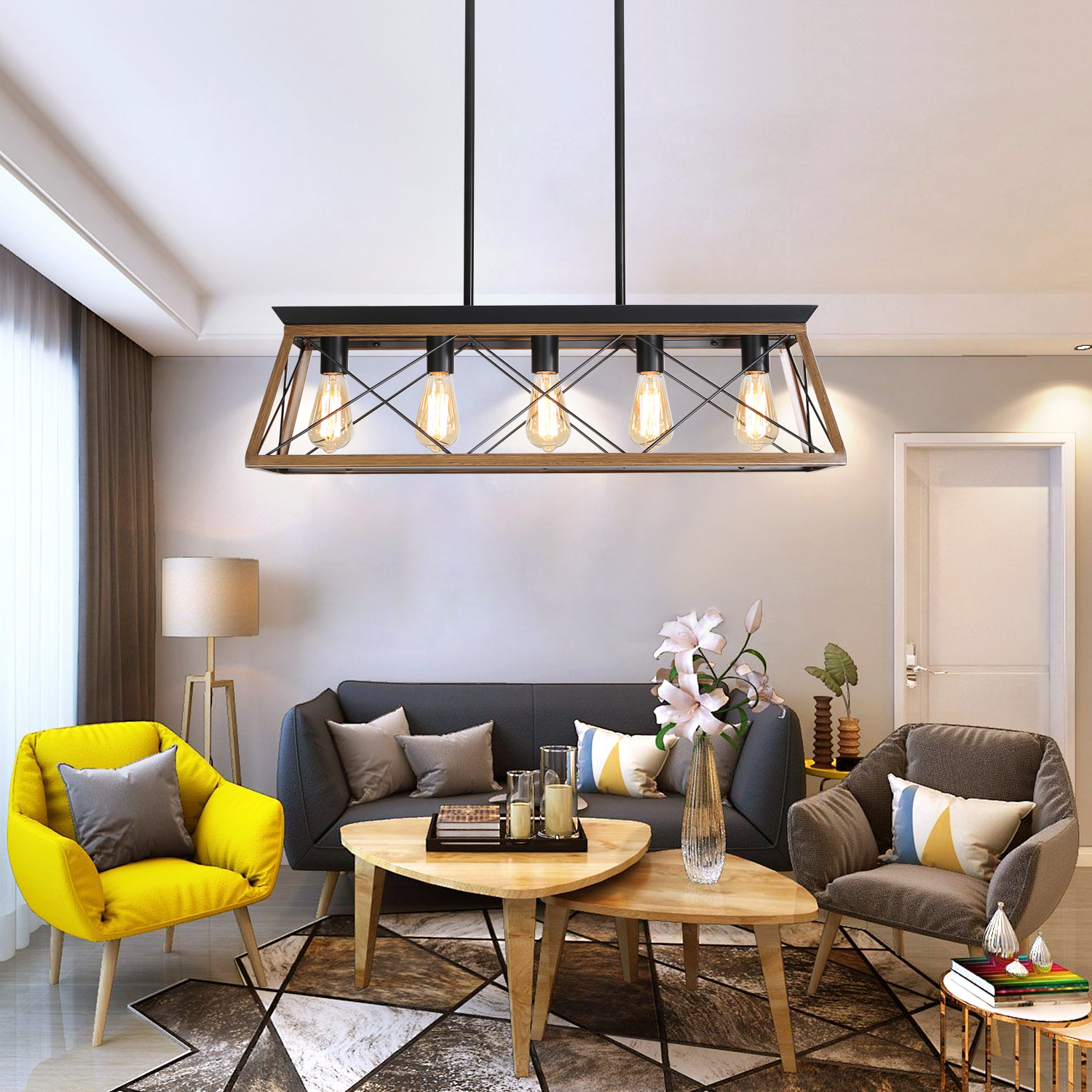 (Same as W134067498/L1003) 32″ Walnut Industrial 5-Light Pendant Chandelier, Modern Metal Cage Design, Adjustable Hanging Light for Dining Room, Kitchen, Living Room (No Bulbs)