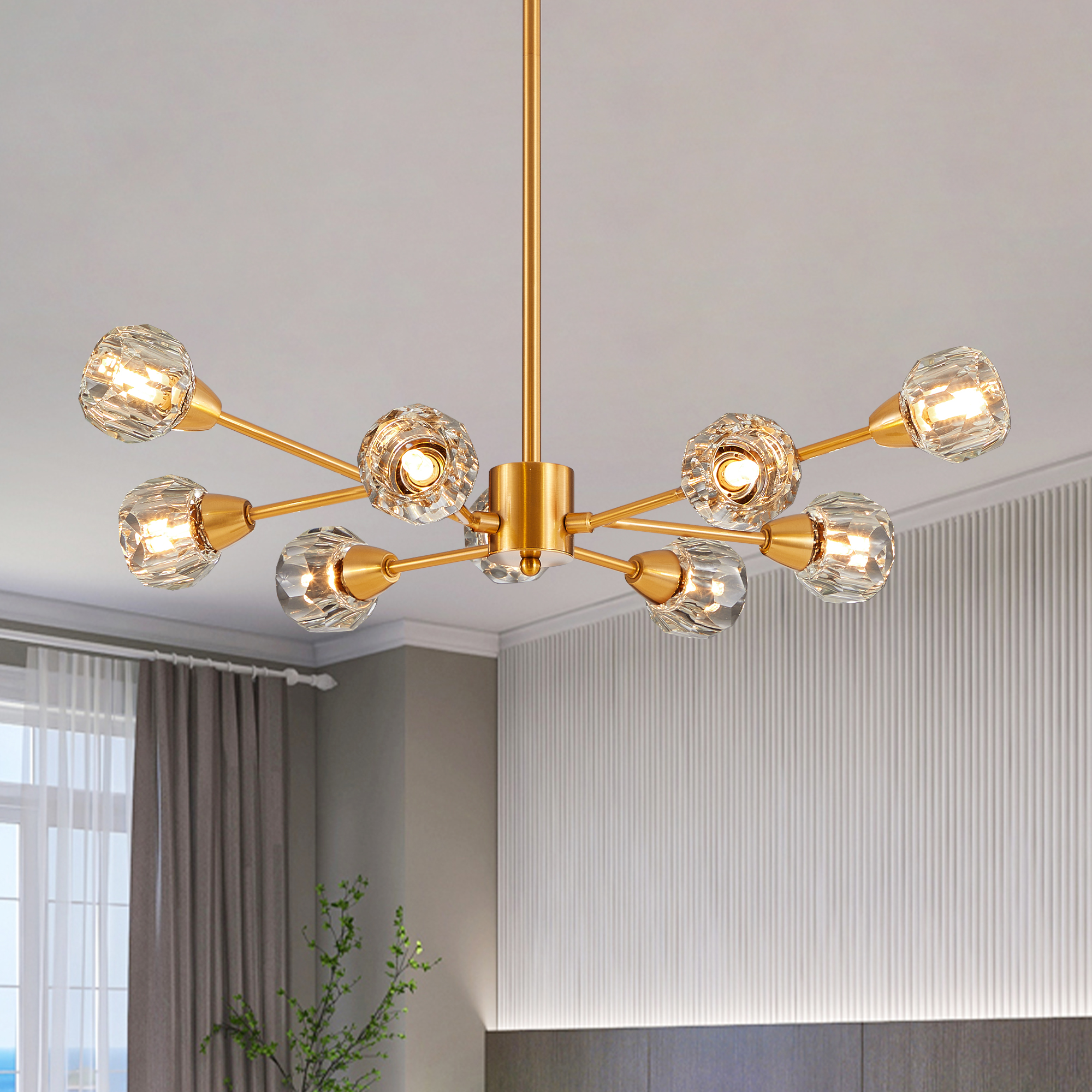 28″ Modern Crystal Chandeliers, 9 Lights Golden Chandelier for Living Room Bedroom, Dining Room Chandelier Over Table, Kitchen Light Fixtures (Bulbs Not Included)