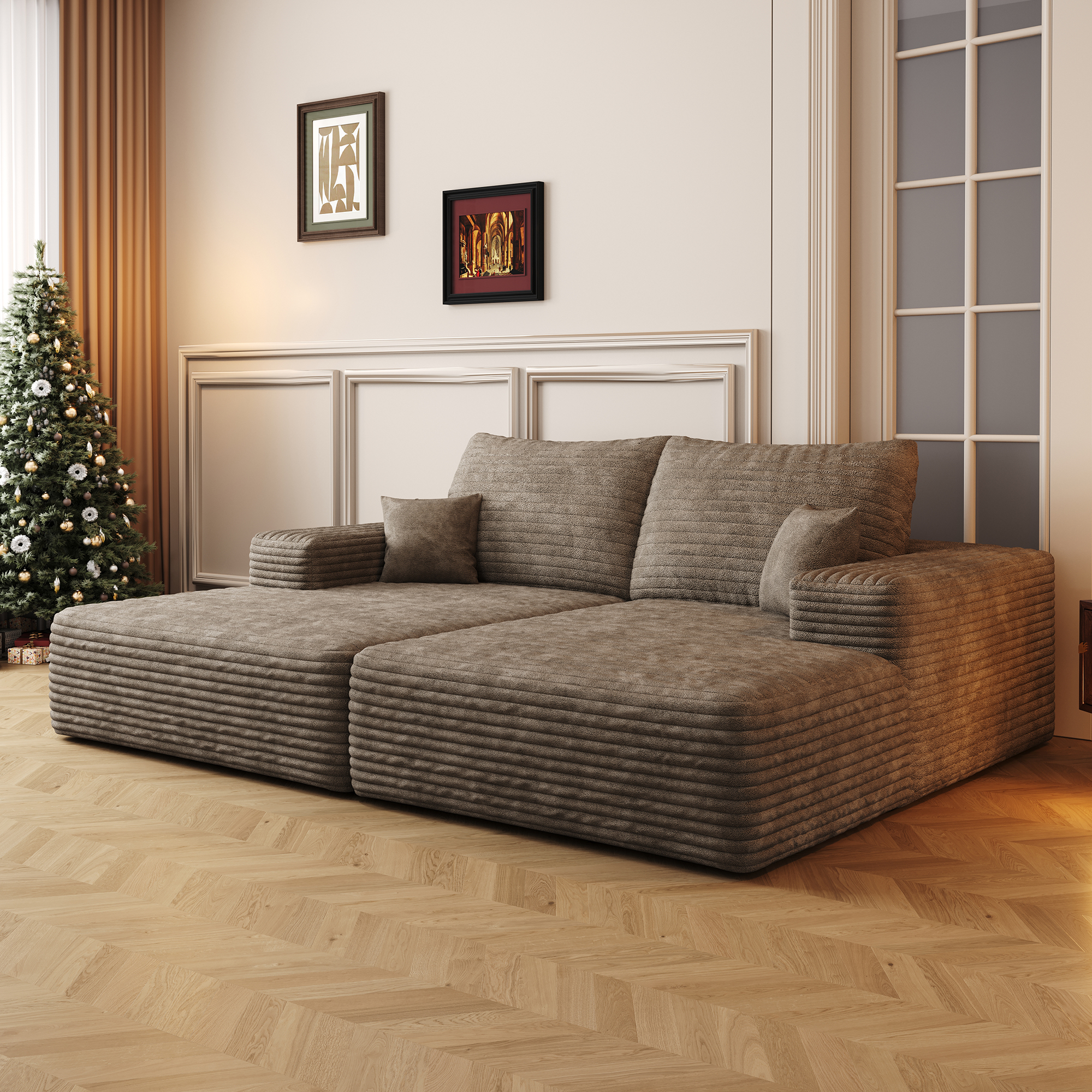 74.8″ Modern Sofa bed With Dual sleeper, lounger for moviebonus room,No Assembly Required,Camel (Plush Corduroy Fabric)