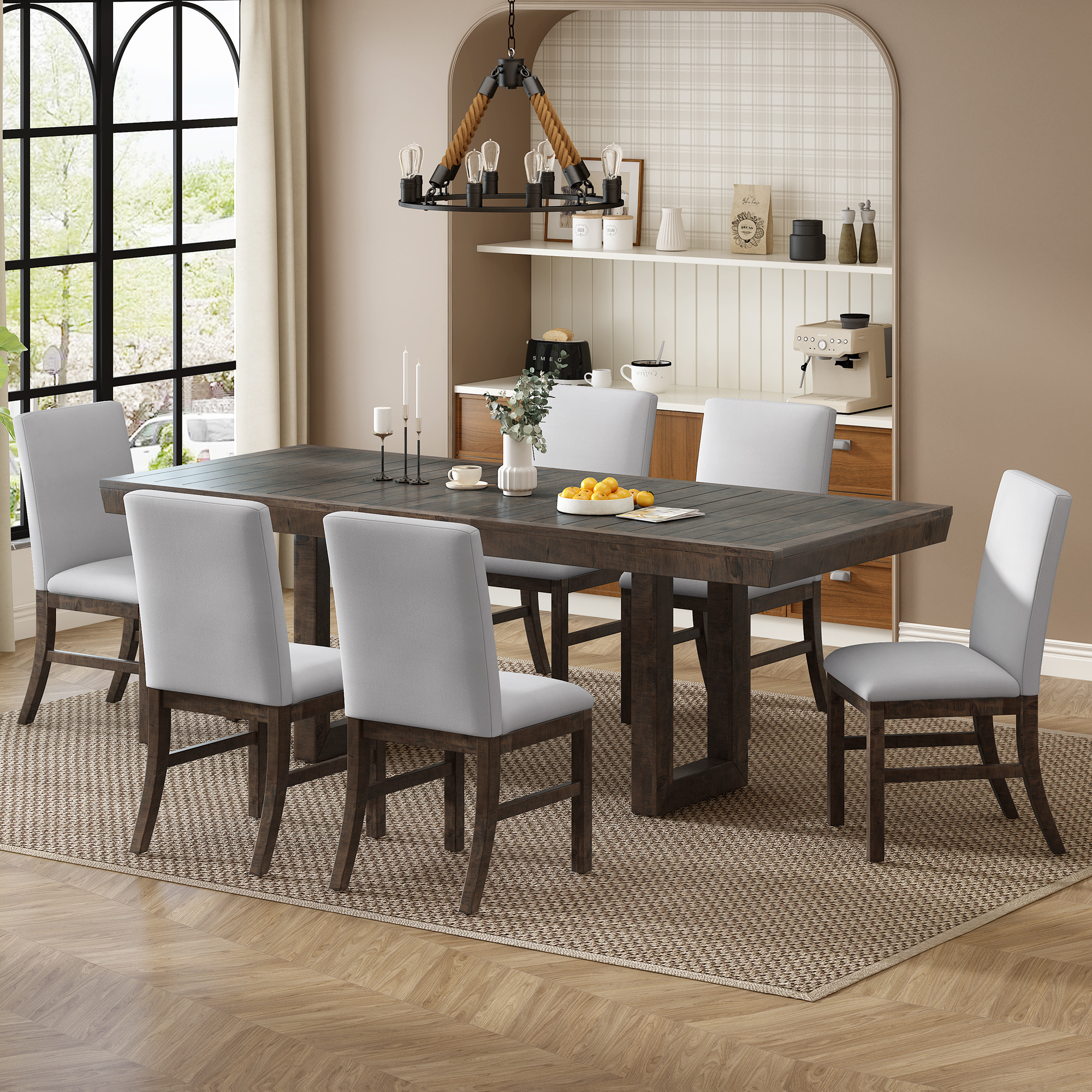 TOPMAX Traditional 7-Piece 72″ Extendable Dining Table Set with 12inch Butterfly Leaf and 6 Upholstered Dining Table Set, Brown