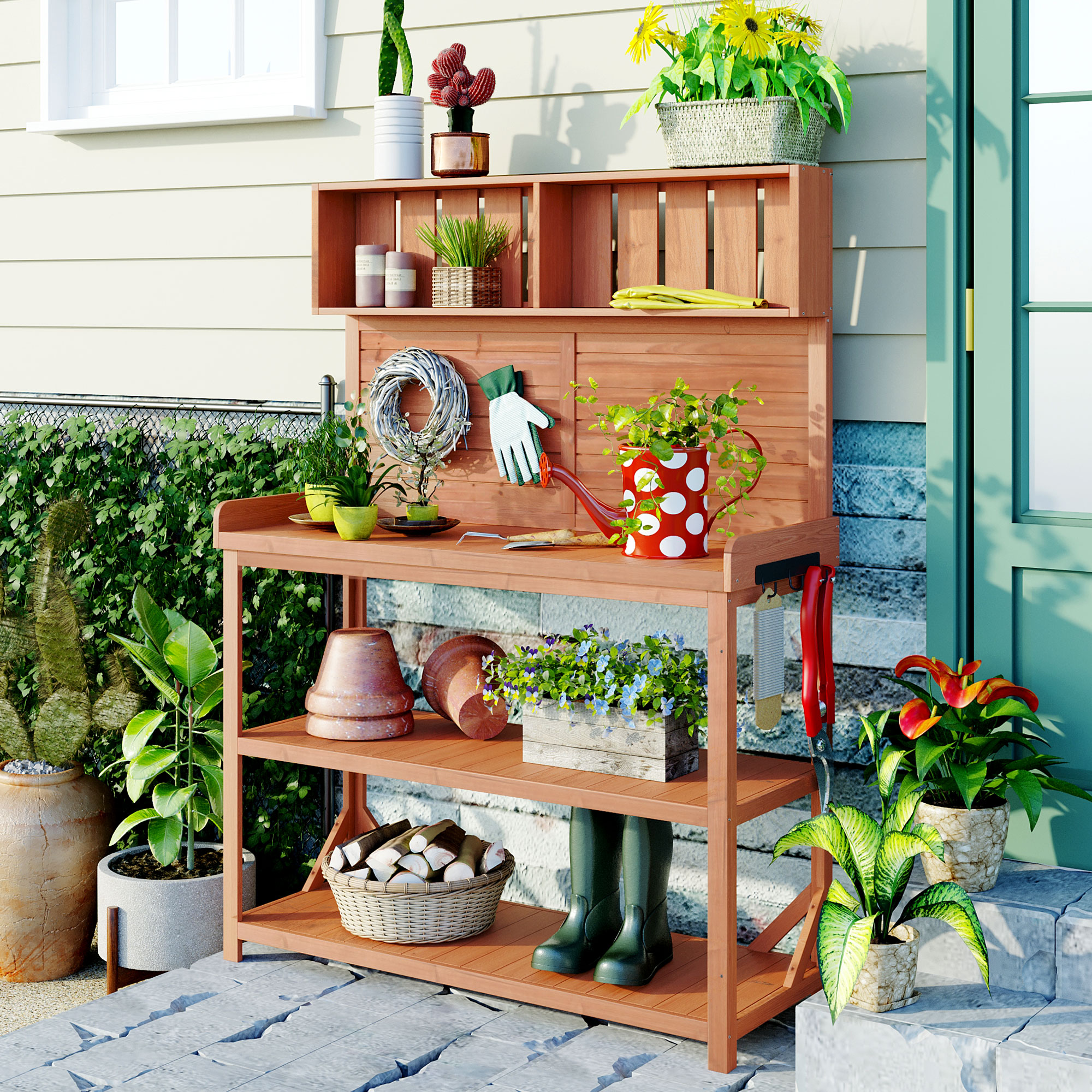 TOPMAX 65″ Large Wooden Farmhouse Rustic Outdoor Potting Bench Table, Patio Workstation, Garden Potting Bench with 4 Storage Shelves and Side Hook,Natural
