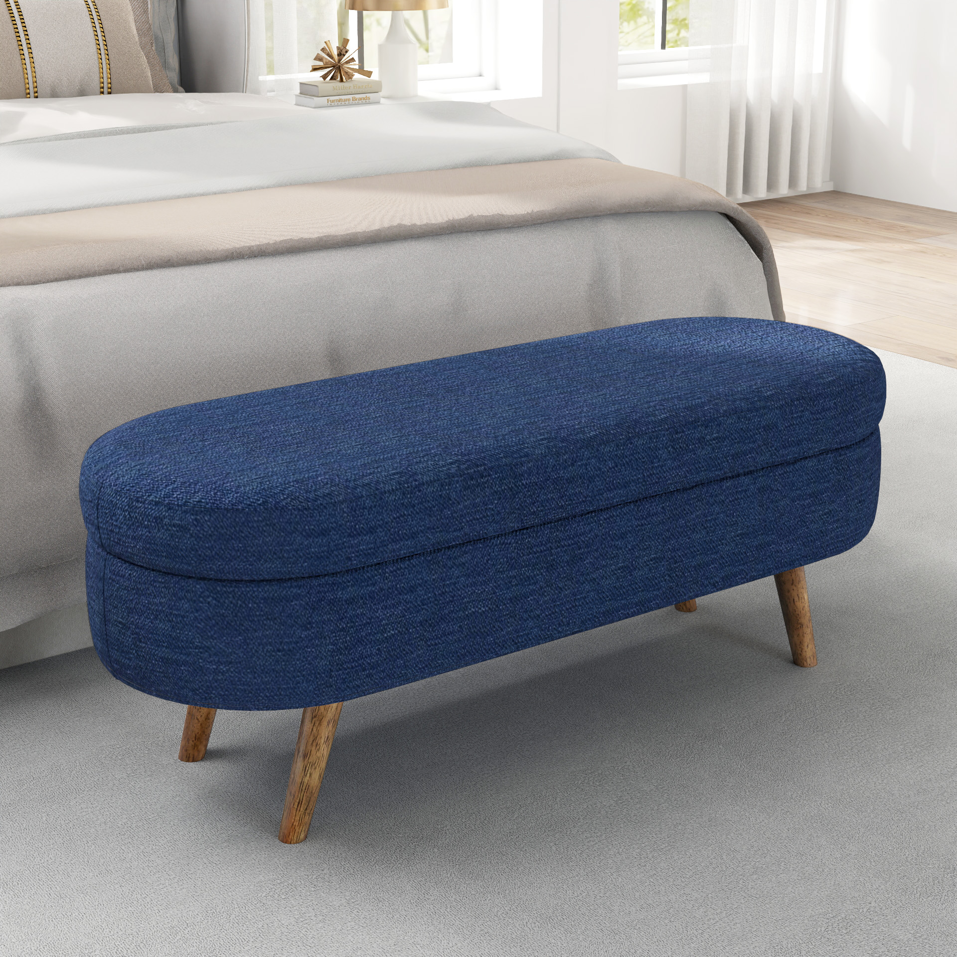 Ottoman Oval Storage Bench,Rubber Wood Legs,BLUE(43.5″x16″x16″)
