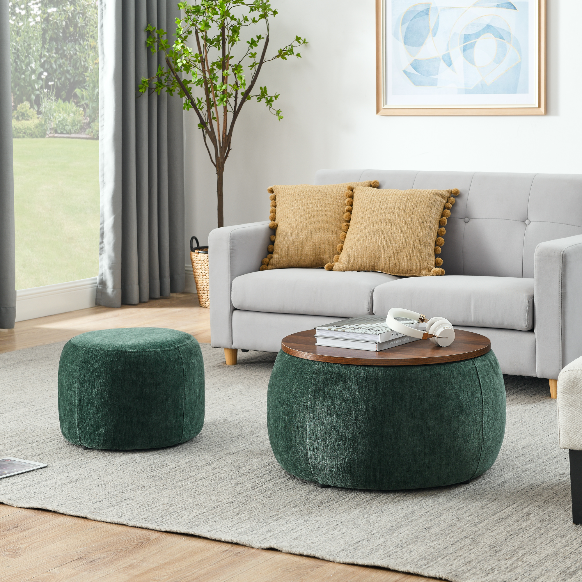 Round Storage Ottoman, 2 in 1 Function, Work as End table and Ottoman,with small seat,Green(25″x25″x14.7″)