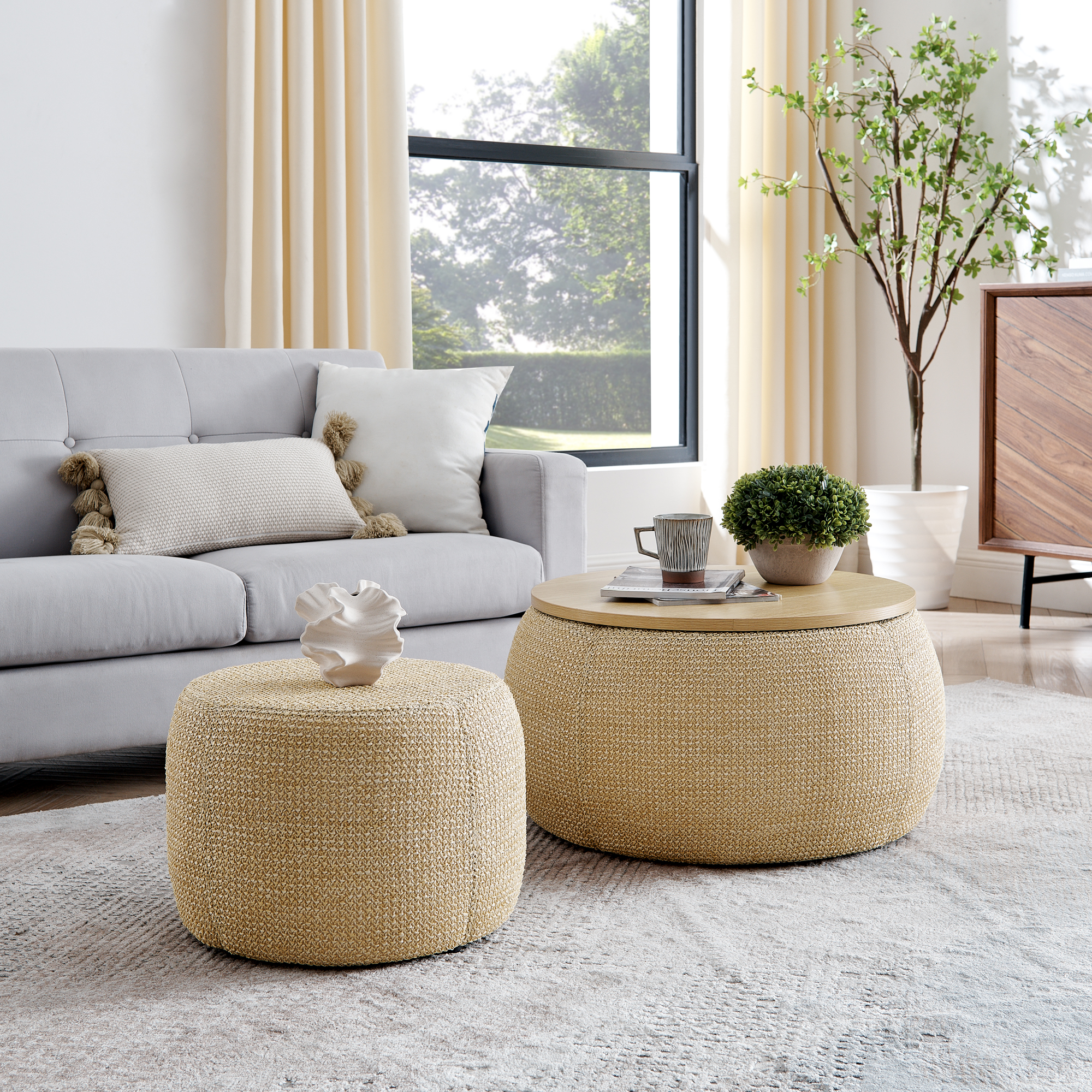 Round Storage Ottoman, Woven rattan fabric Ottoman, 2 in 1 Function, Work as End table and Ottoman,with small seat-nature(25″x25″x14.7″)