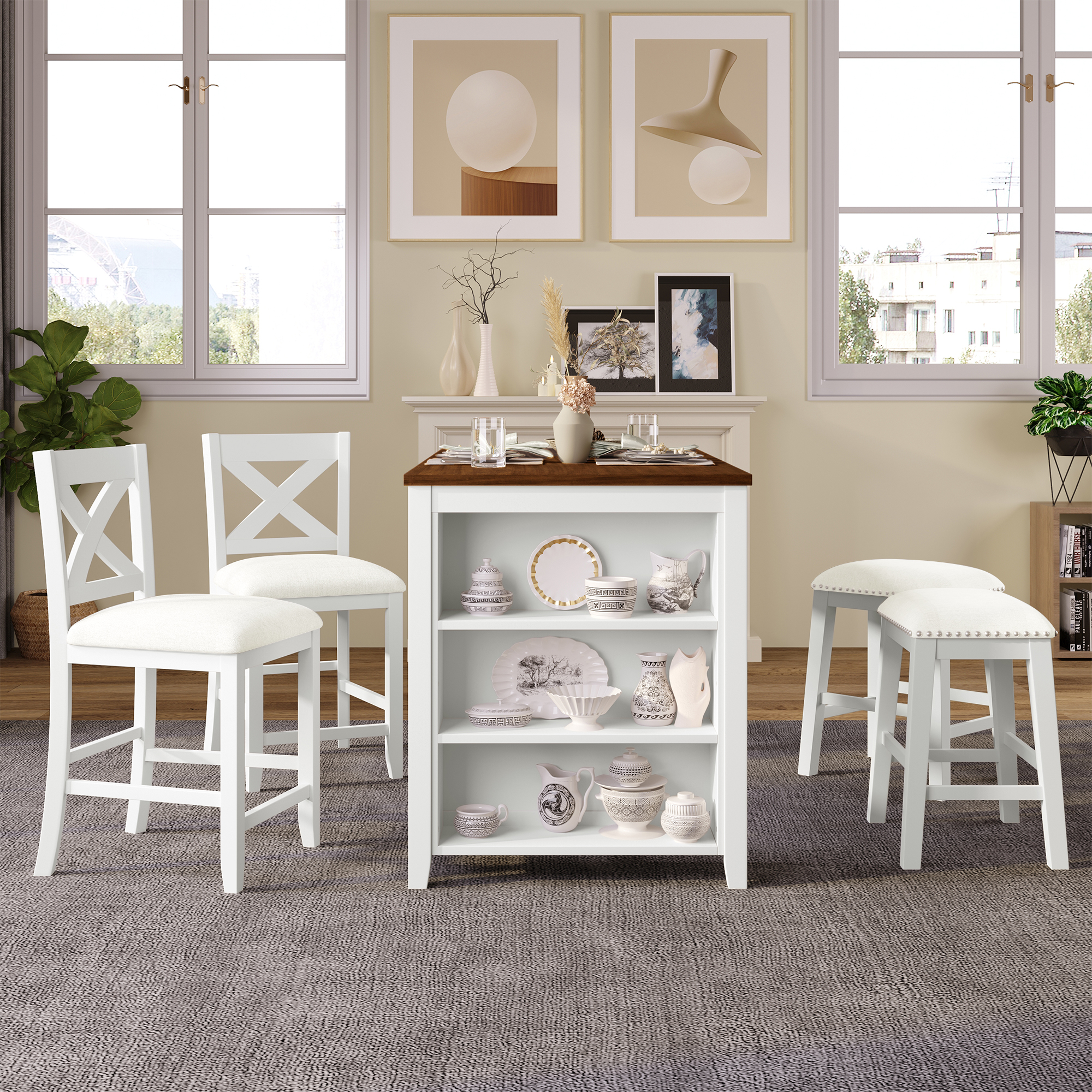 TOPMAX 5 Pieces Counter Height Rustic Farmhouse Dining Room Wooden Bar Table Set with 2 stools and 2 Chairs, White