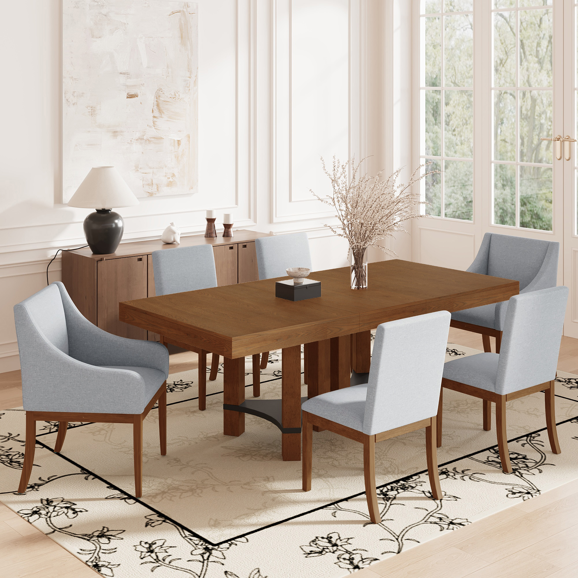 TOPMAX Rustic 7-Piece 76.4inch Extendable Dining Table Set with 18inch Removable Leaf, 2 Arm Chairs and 4 Armless Chairs, Brown