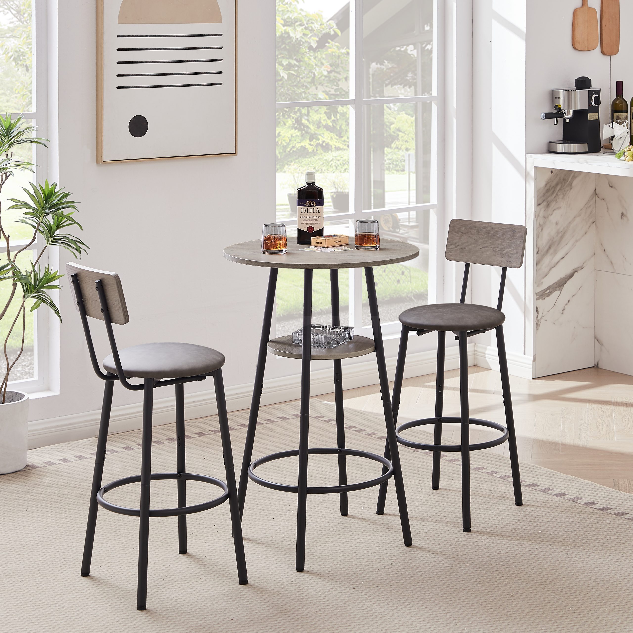 Round bar stool set with shelf, upholstered stool with backrest Grey, 23.62” W x 23.62” D x 35.43” H.
