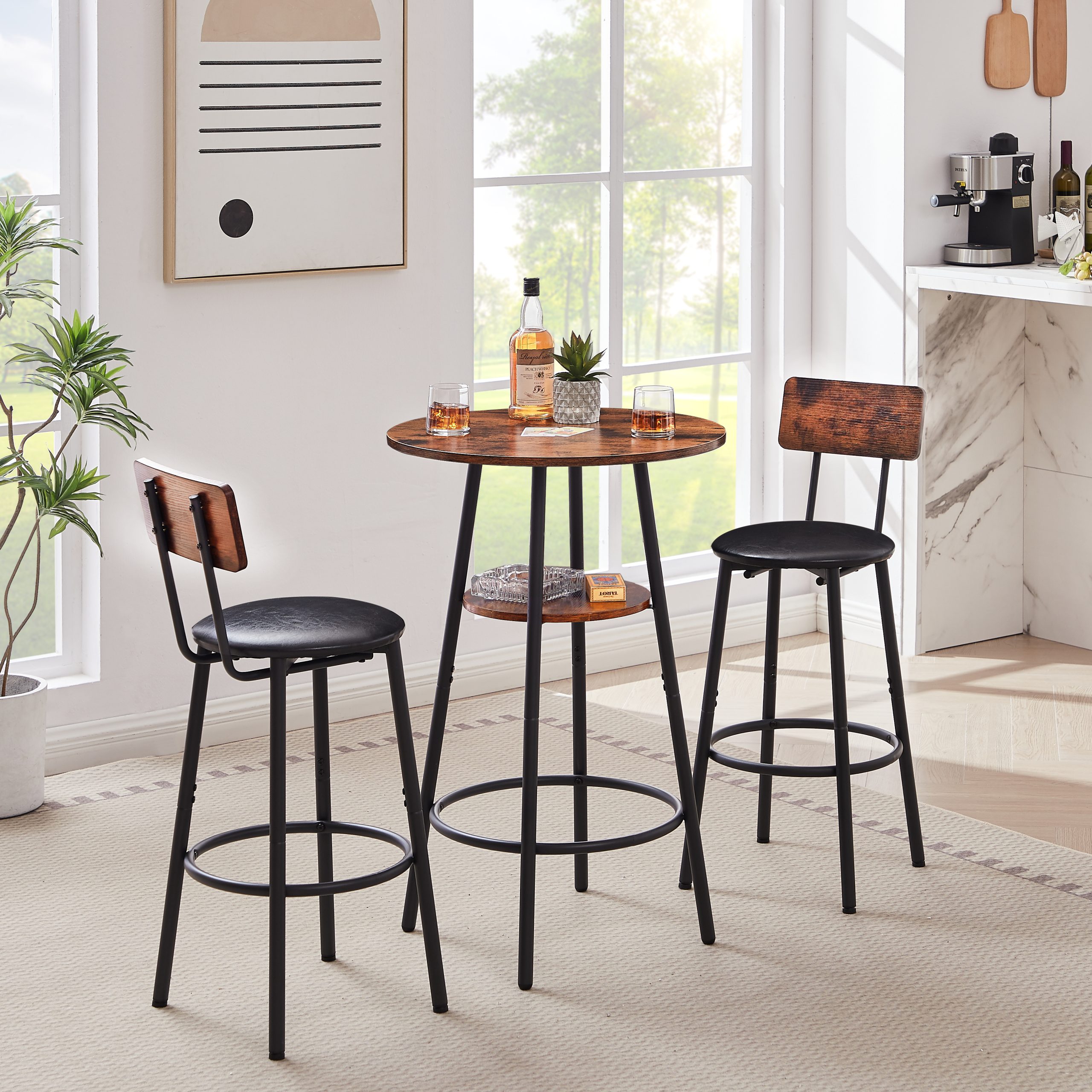 Round bar stool set with shelf, upholstered stool with backrest, Rustic Brown, 23.62” W x 23.62” D x 35.43” H