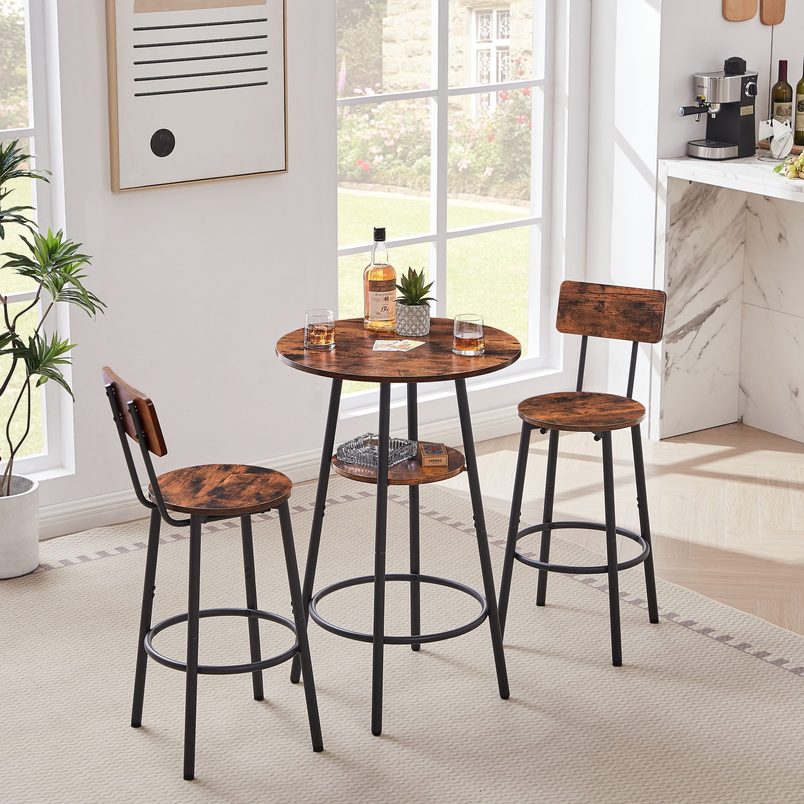 Round bar stool set with shelves, stool with backrest Rustic Brown, 23.6” Dia x 35.4” H