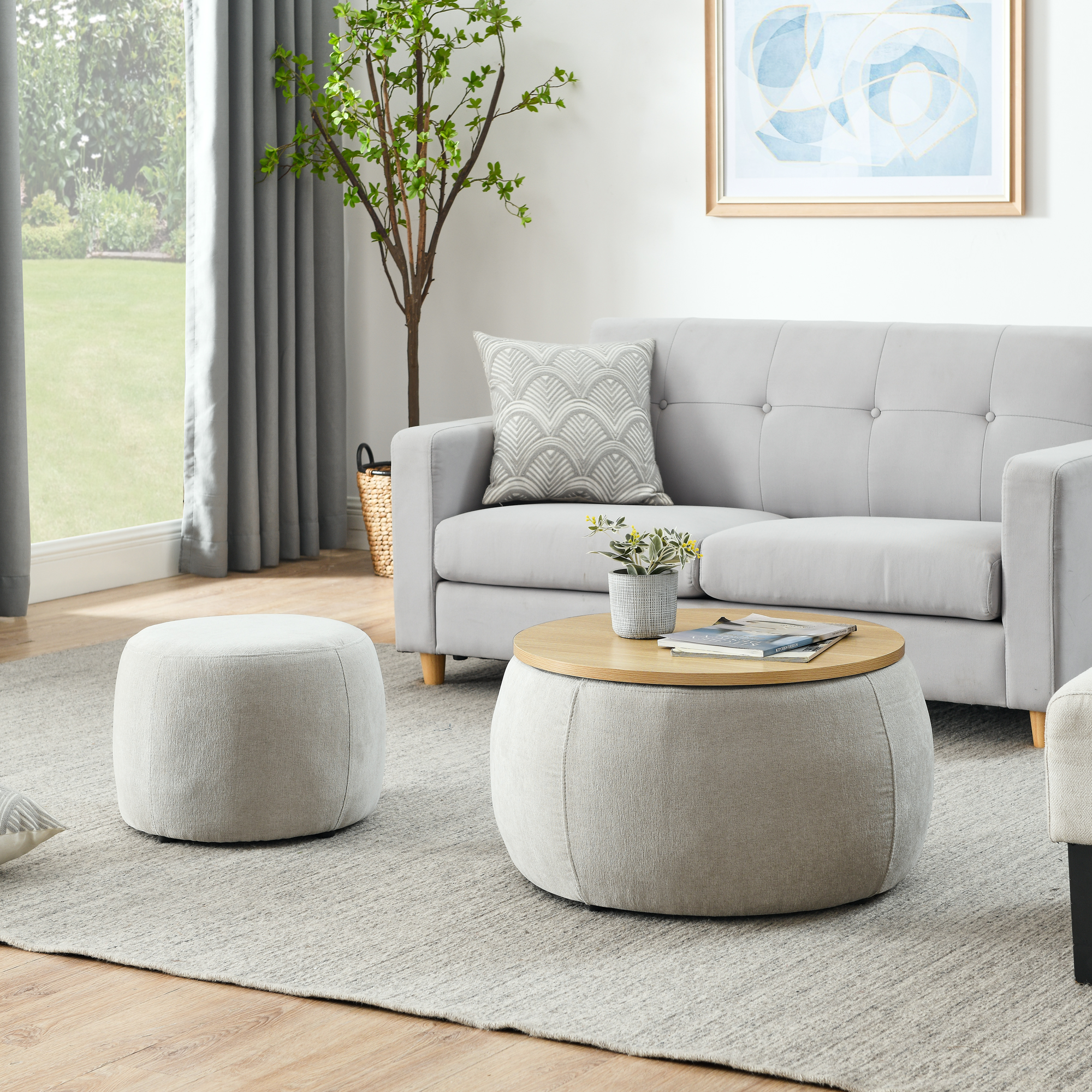 Round Storage Ottoman, 2 in 1 Function, Work as End table and Ottoman,with small seat,Light grey(25″x25″x14.7″)