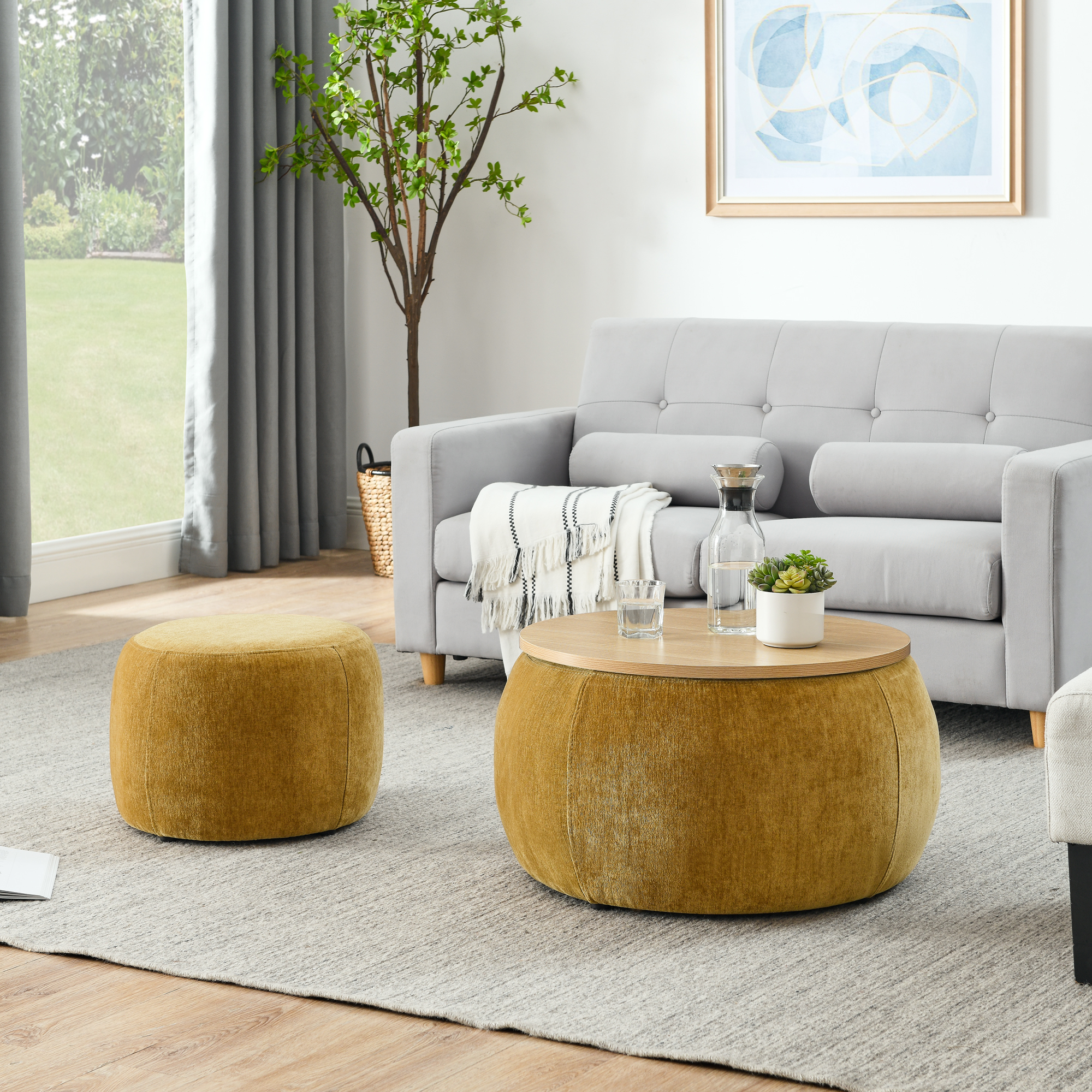 Round Storage Ottoman, 2 in 1 Function, Work as End table and Ottoman,with small seat,Dark yellow(25″x25″x14.7″) ow