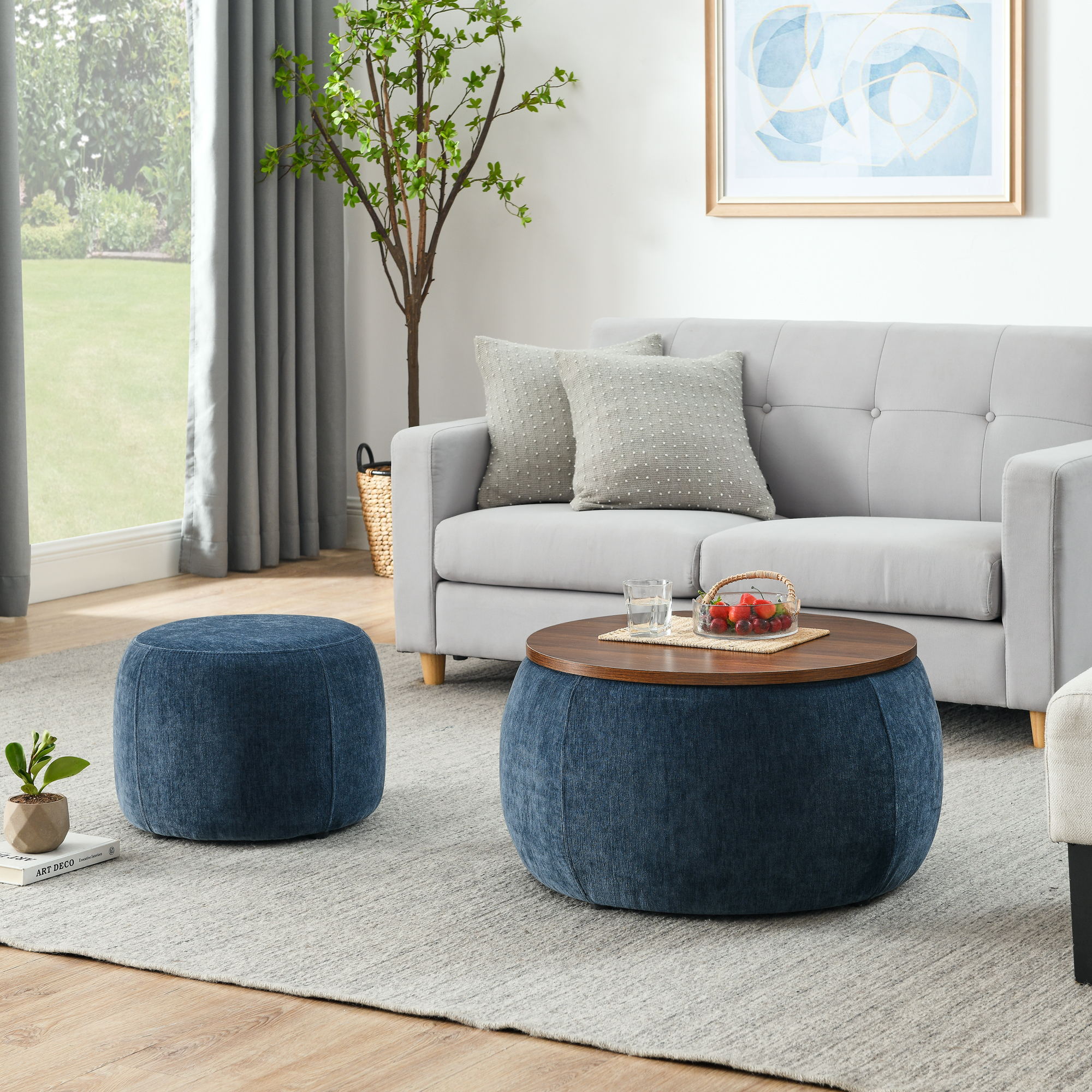 Round Storage Ottoman, 2 in 1 Function, Work as End table and Ottoman,with small seat,Dark blue(25″x25″x14.7″)