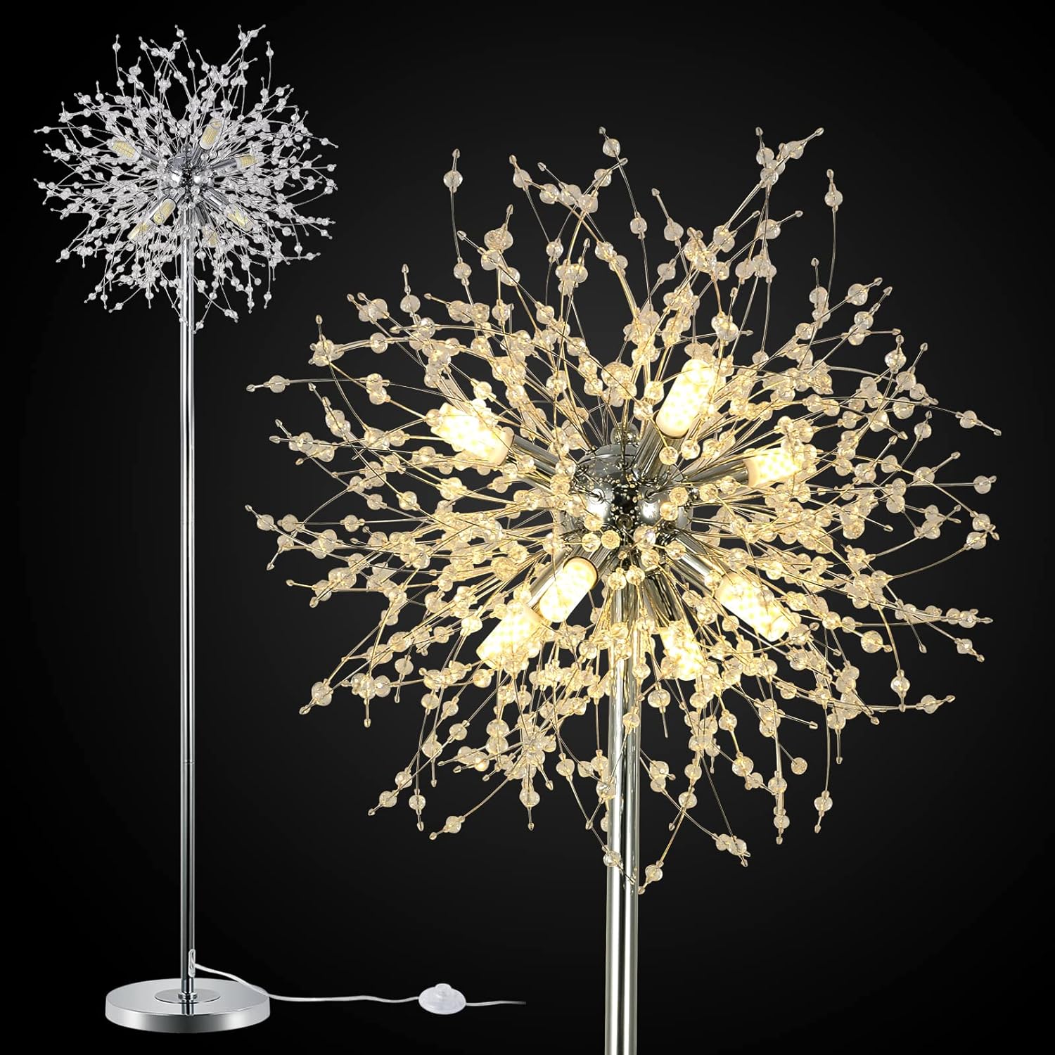 Crystal Floor Lamp for Bedroom, Floor Lamp for Living Room, Elegant Standing Lamp, 69″ Tall Pole Lamp, Modern Floor Lamp for Room Decor, 32 Firework Crystal Harnesses Included, Chrome Finish