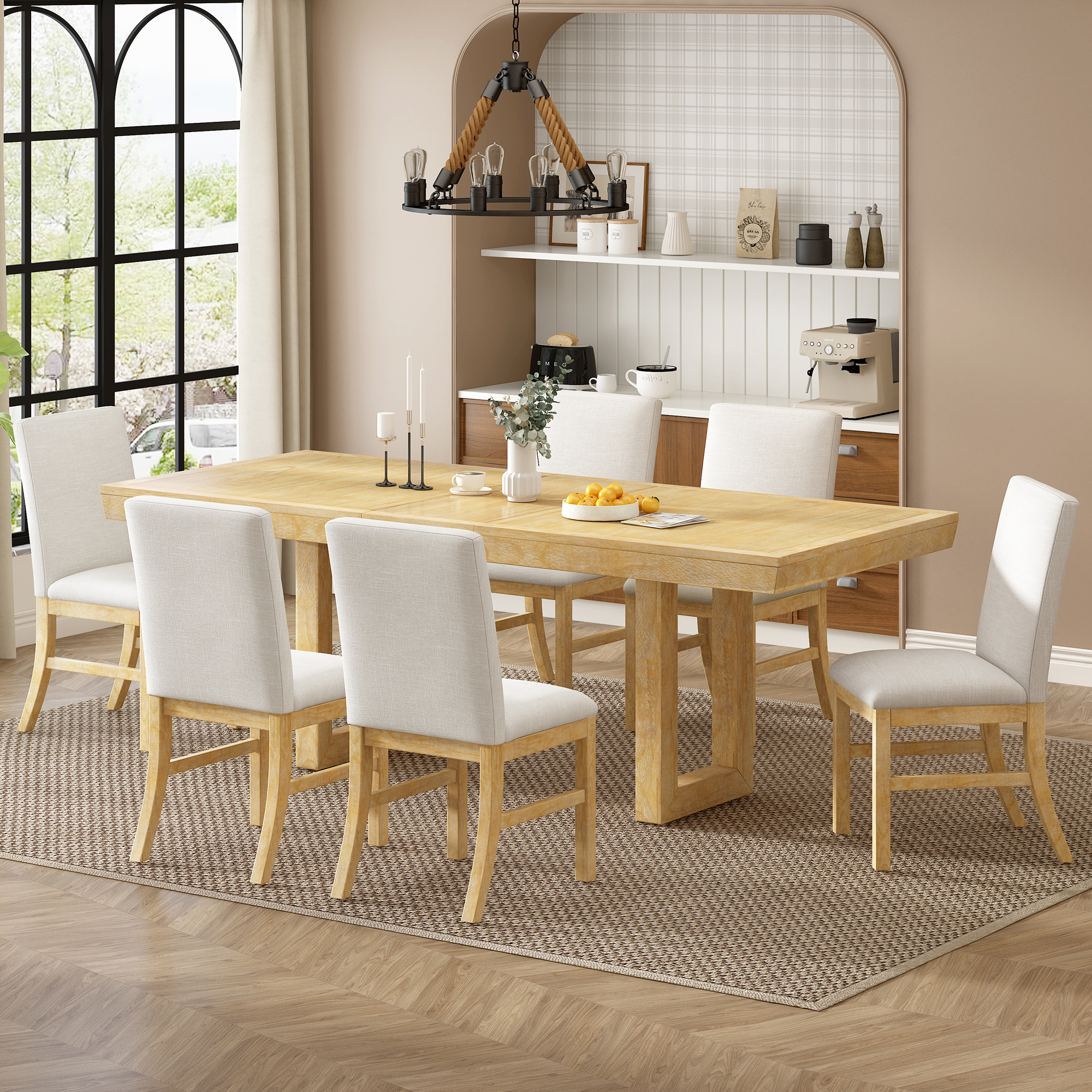 TOPMAX Traditional 7-Piece 72″ Extendable Dining Table Set with 12inch Butterfly Leaf and 6 Upholstered Dining Table Set, Natural