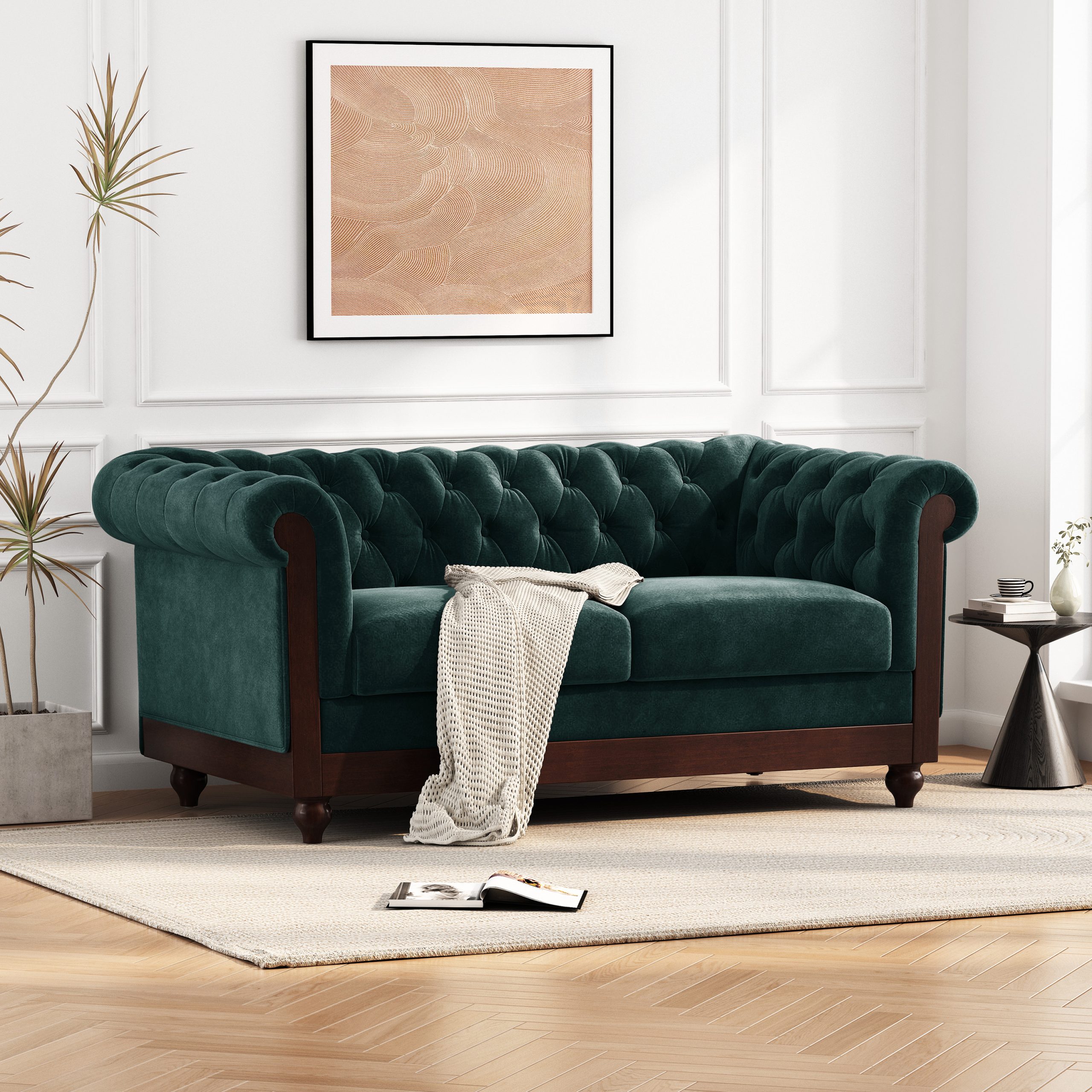 VIVALUX 59.44″ Chesterfield Velvet Loveseat Sofa,2-Person Rolled Arm Dutch Plush Upholstered Sofa Couch with Tufted Button for Living Room, Bedroom, Small Places,Forest Green