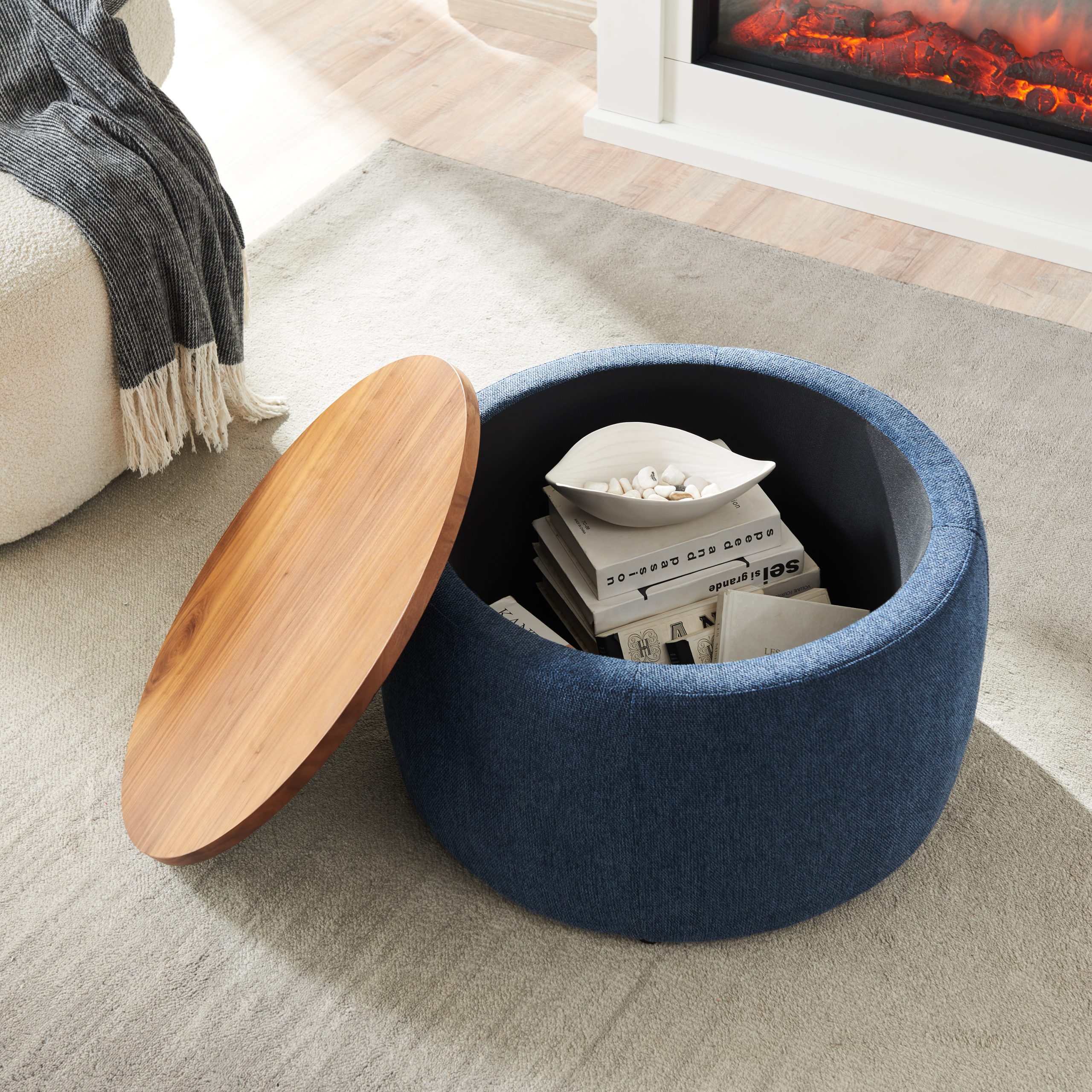 Round Storage Ottoman, 2 in 1 Function, Work as End table and Ottoman, Navy (25.5″x25.5″x14.5″)