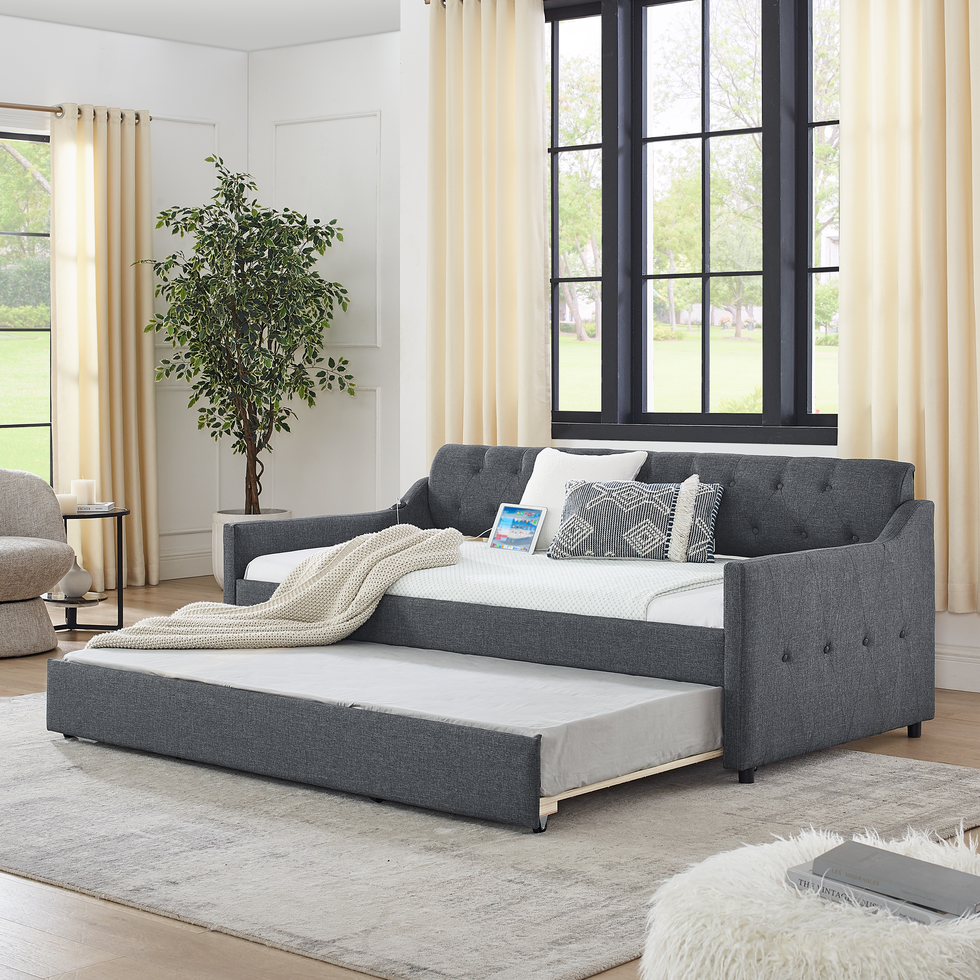 Twin Size Upholstery DayBed with Twin Size Erectable Trundle and USB Charging Design, Linen Dark Gray