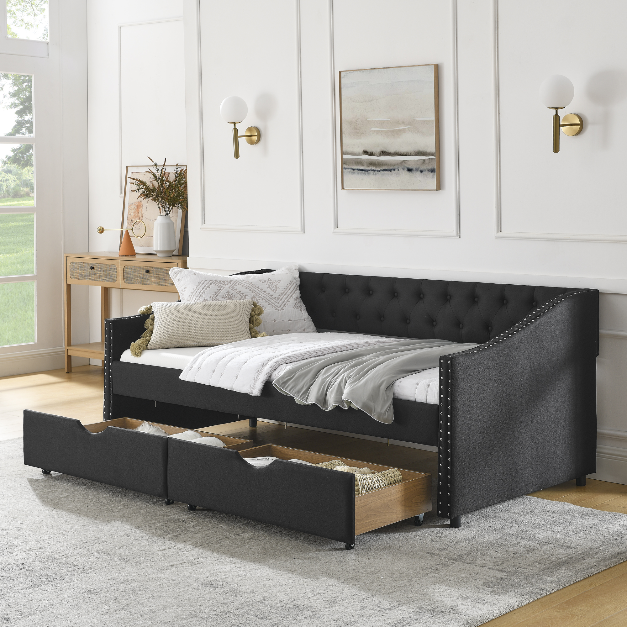 Twin Size Daybed with Drawers Upholstered Tufted Sofa Bed, with Button on Back and Copper Nail on Waved Shape Arms(81.5”x4”x30.5”)