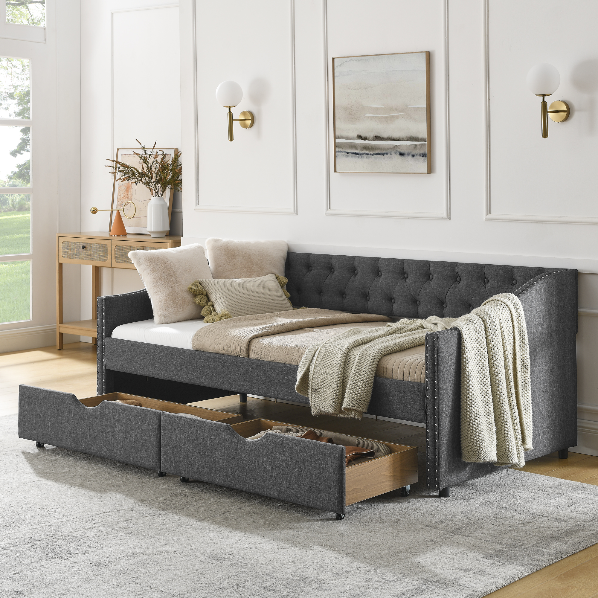 Twin Size Daybed with Drawers Upholstered Tufted Sofa Bed, with Button on Back and Copper Nail on Waved Shape Arms(81.5”x4”x30.5”)