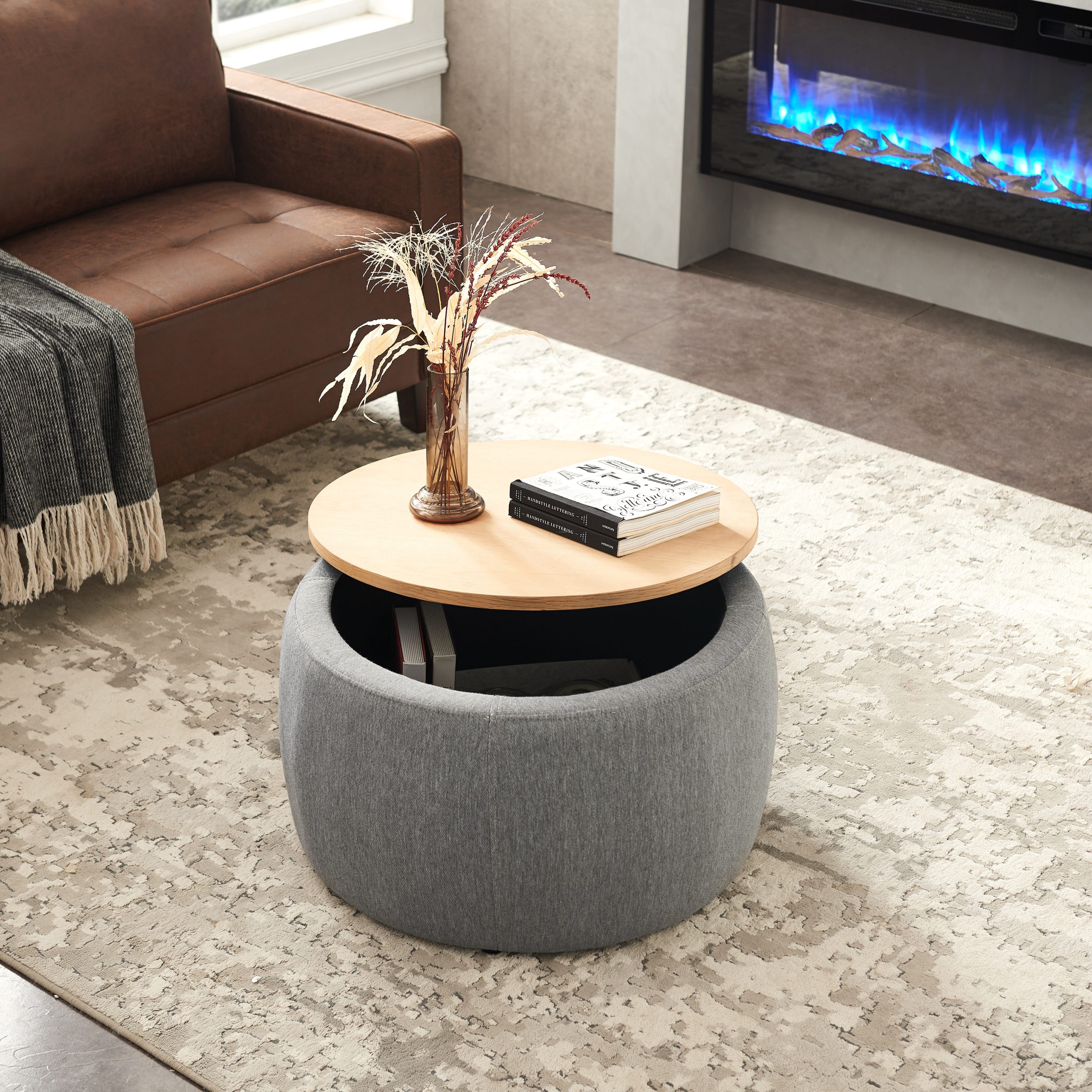 Round Storage Ottoman, 2 in 1 Function, Work as End table and Ottoman, Dark Grey (25.5″x25.5″x14.5″)