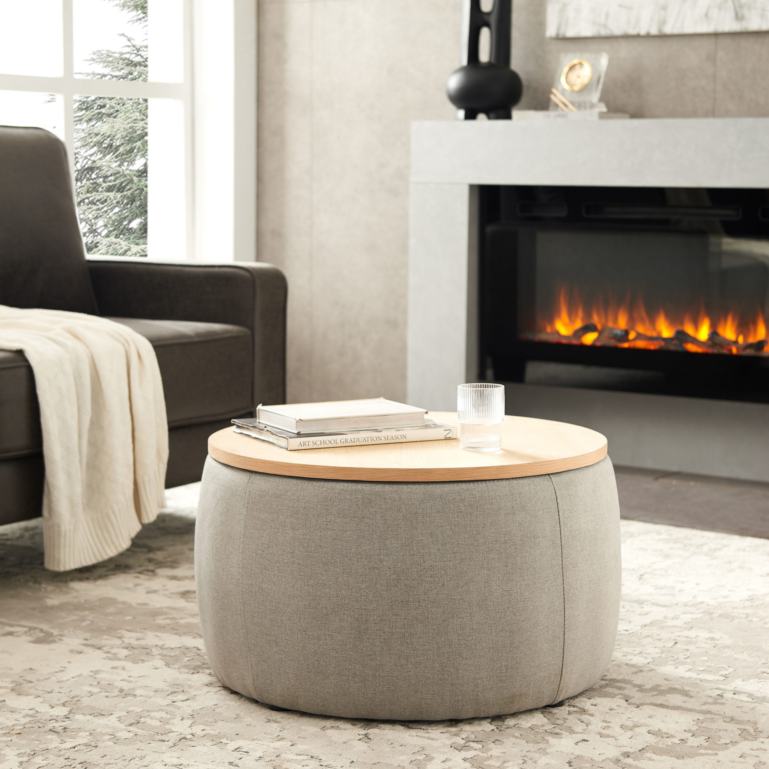 Round Storage Ottoman, 2 in 1 Function, Work as End table and Ottoman, Grey (25.5″x25.5″x14.5″)