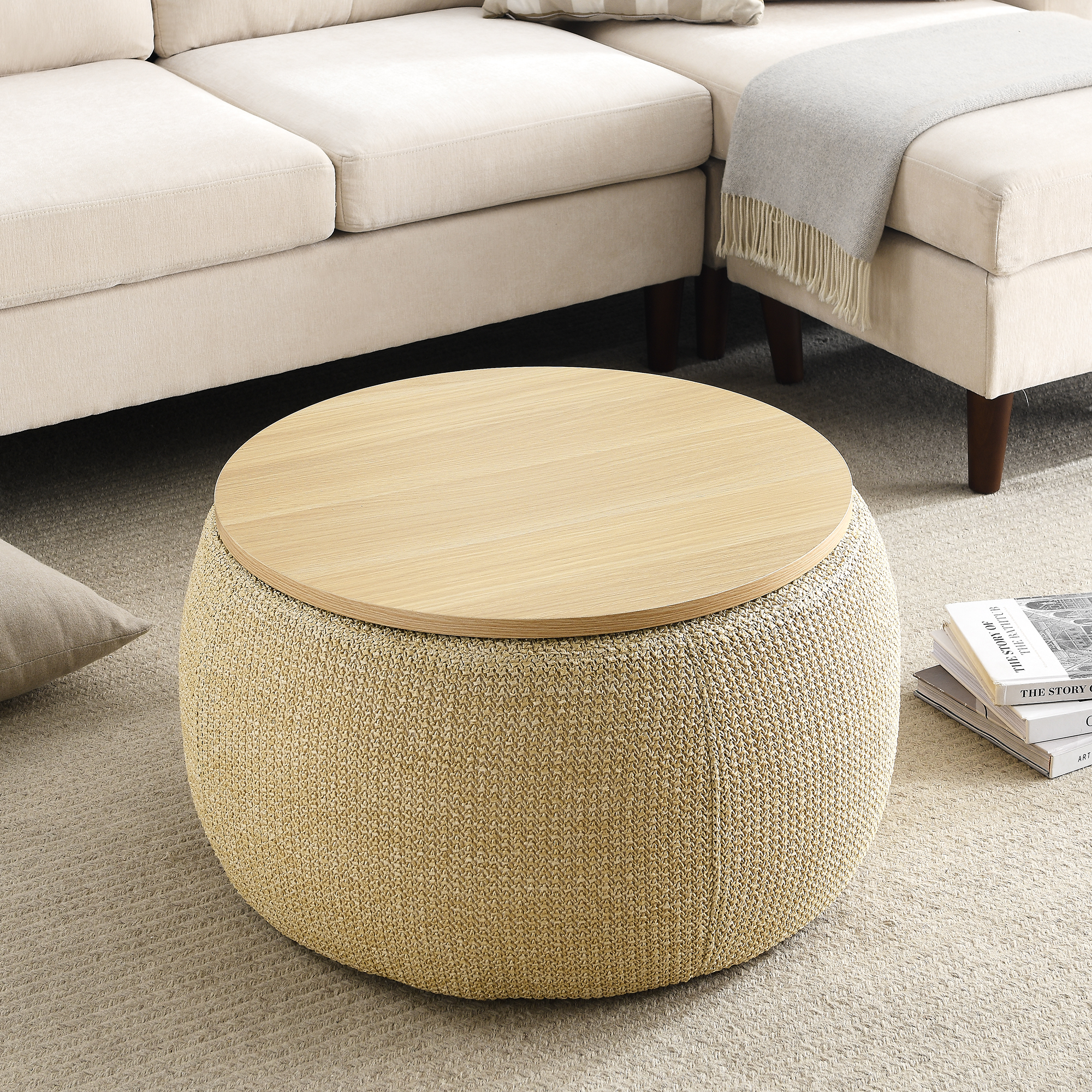 Round Storage Ottoman, 2 in 1 Function, Work as End table and Ottoman, Natural (25.5″x25.5″x14.5″)