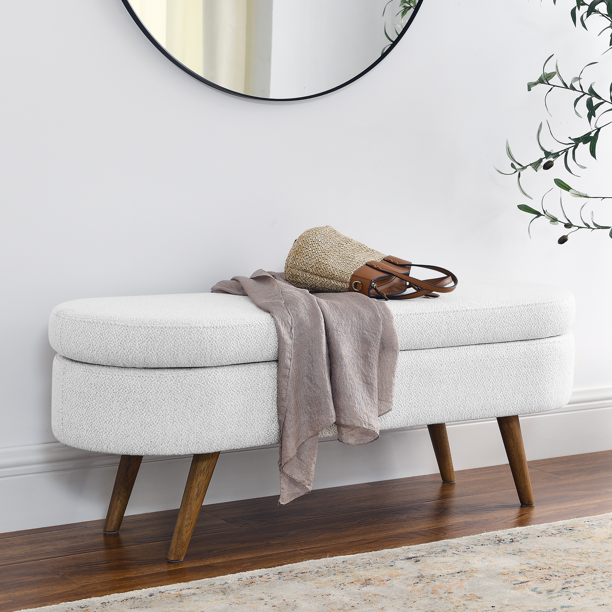 Ottoman Oval Storage Bench,Rubber Wood Legs,White(43.5″x16″x16″)