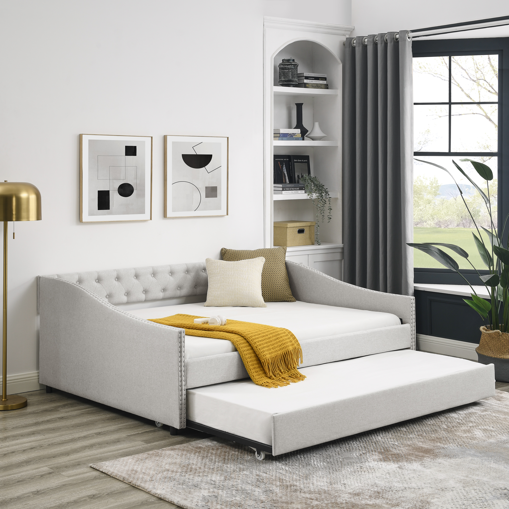 Full Size Daybed with Twin Size Trundle Upholstered Tufted Sofa Bed, with Button on Back and Copper Nail on Waved Shape Arms,Beige (80.5″x55.5″x27.5″)