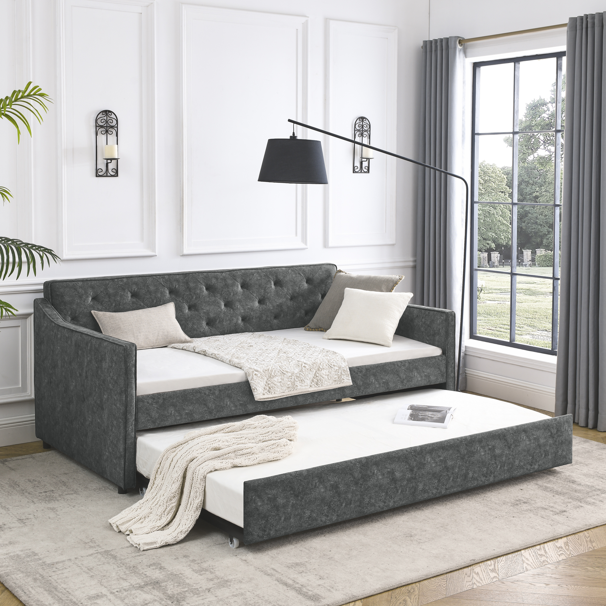 Twin Size Daybed with Twin Size Trundle Upholstered Tufted Sofa Bed, Waved Shape Arms, Grey (80.5″x44.5″x33.5″)