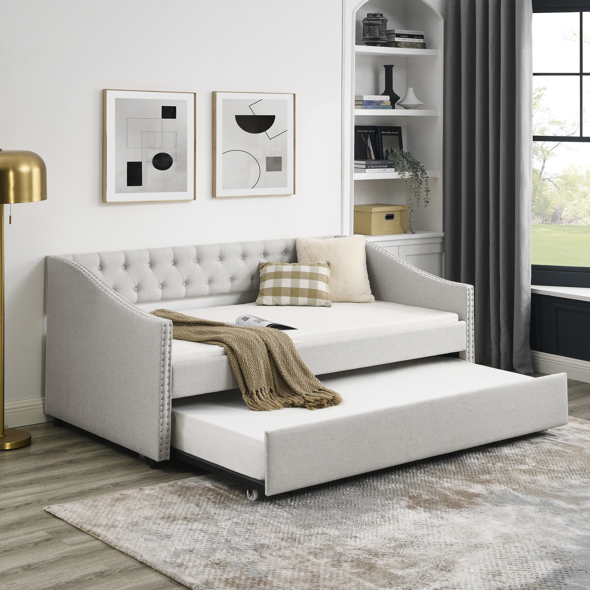Twin Size Daybed with Twin Size Trundle Upholstered Tufted Sofa Bed, with Button on Back and Copper Nail on Waved Shape Arms, Beige (80.5″x41″x30.5″)