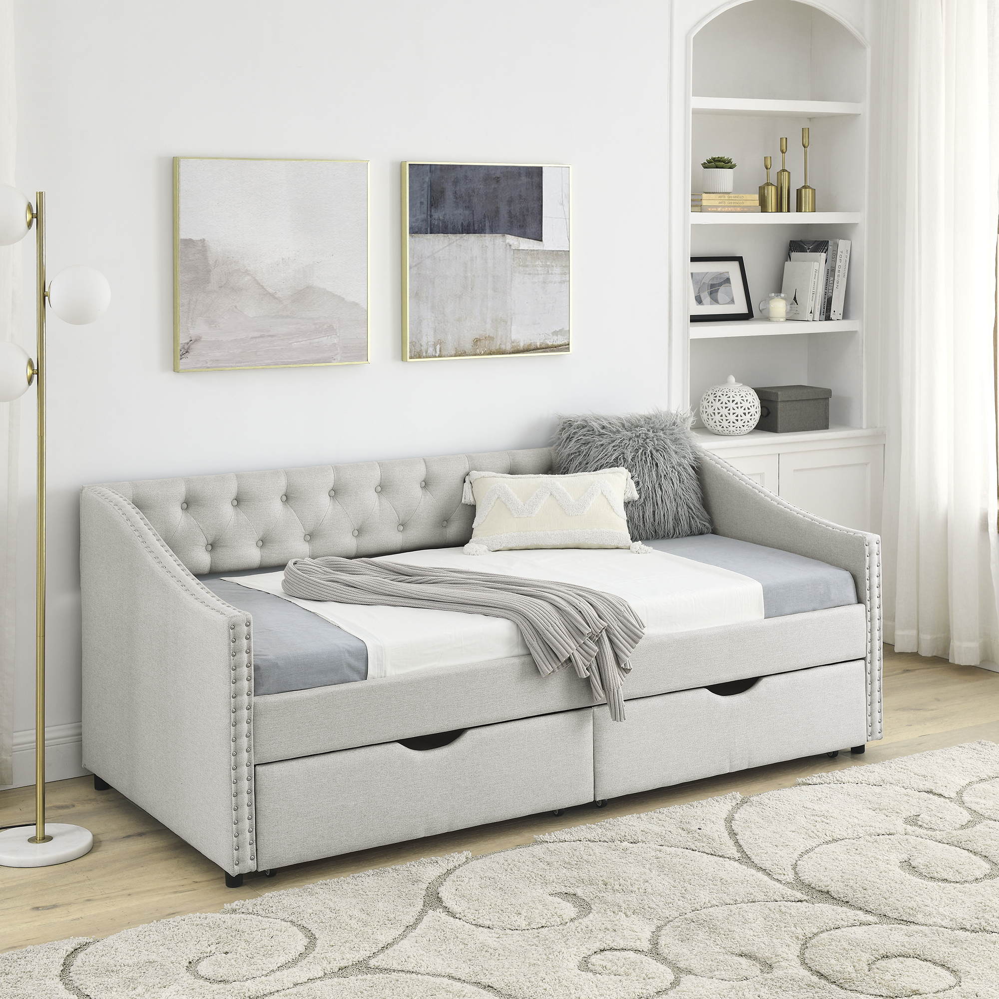 Twin Size Daybed with Drawers Upholstered Tufted Sofa Bed, with Button on Back and Copper Nail on Waved Shape Arms, Beige(81.5”x41”x30.5”)