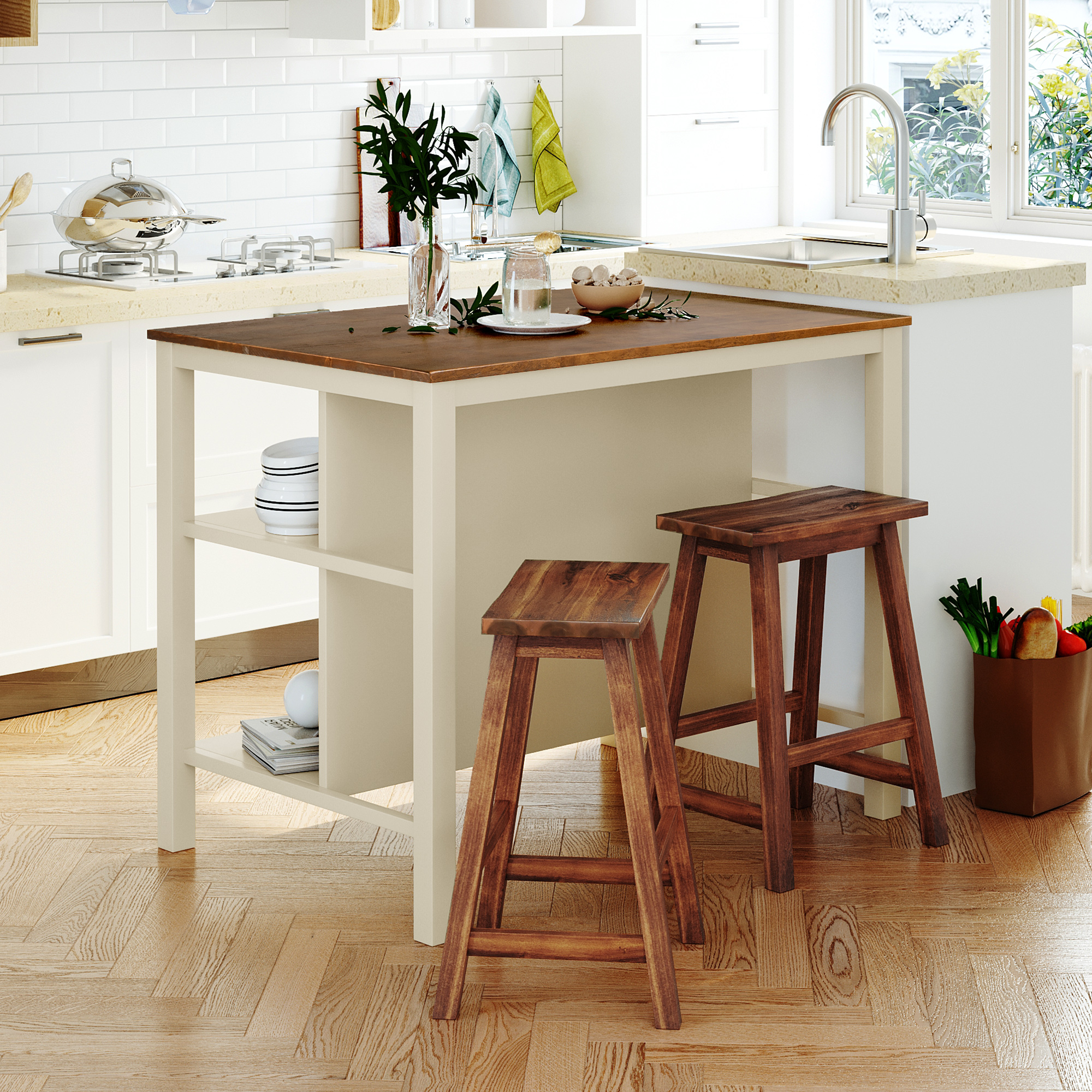 TOPMAX Solid Wood Rustic 3-piece 45″ Stationary Kitchen Island Set with 2 Seatings, Rubber Wood Butcher Block Dining Table Set Prep Table Set with 2 Open Shelves for Small Places,Walnut+Cream White